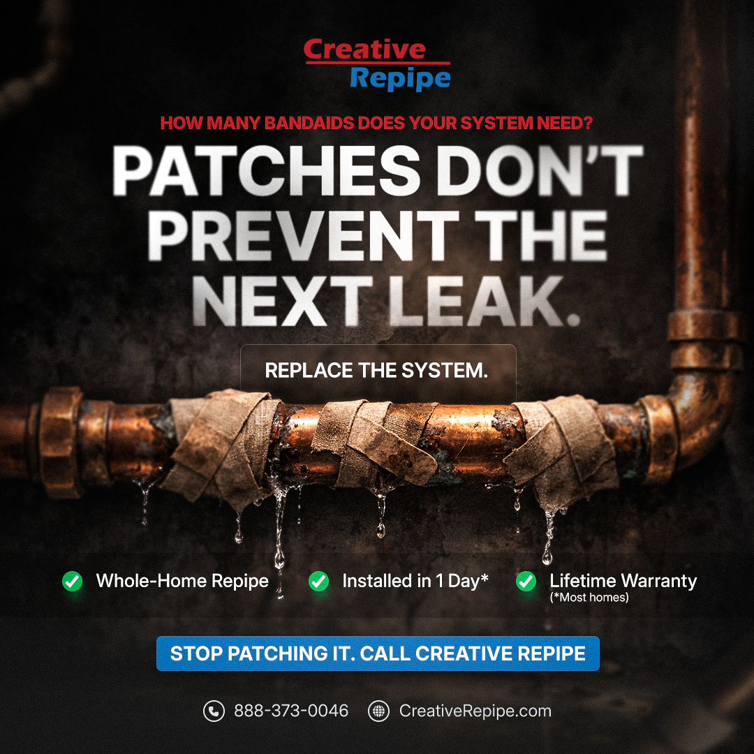Leaking copper pipe wrapped with multiple patch repairs showing that temporary fixes do not stop future plumbing leaks