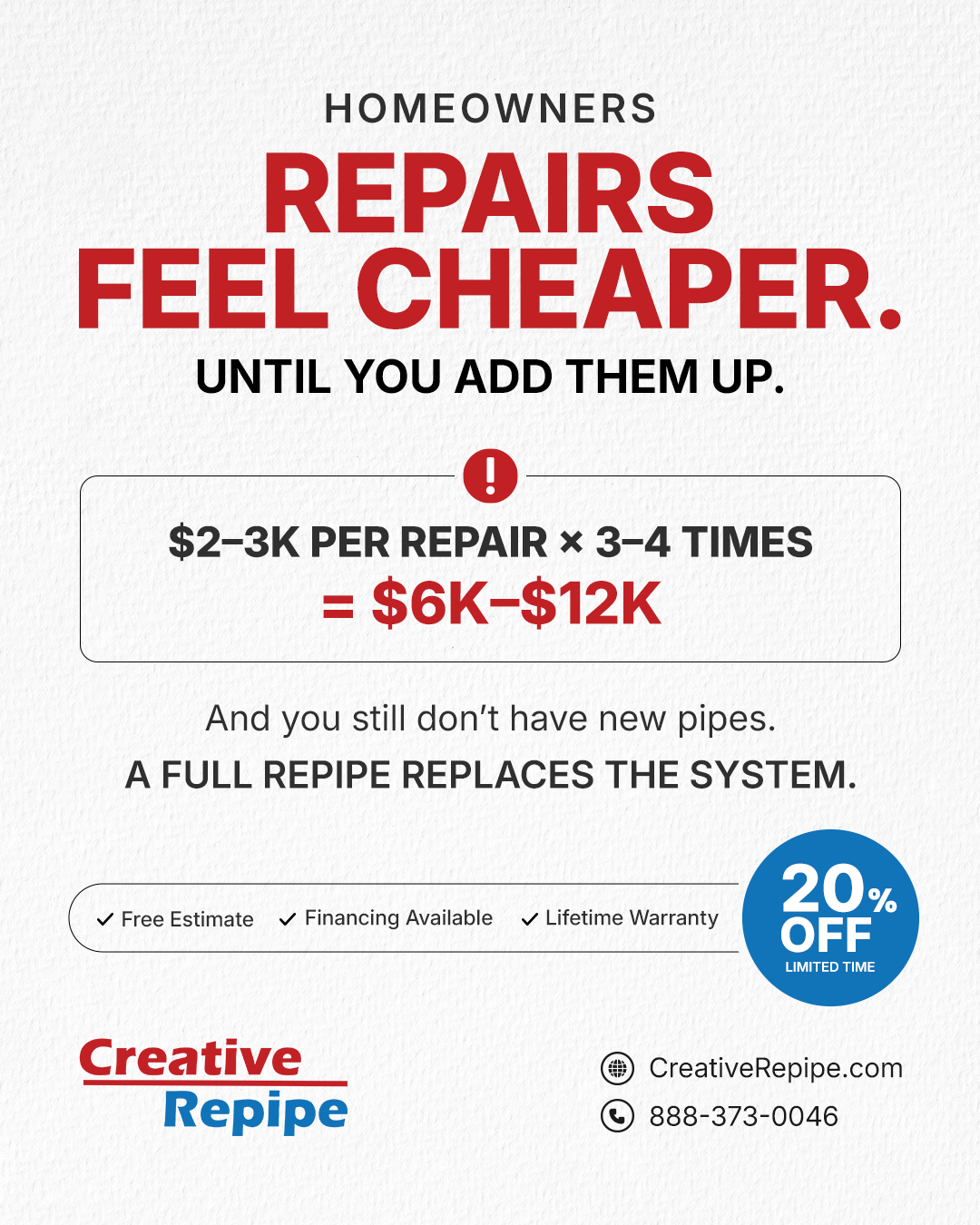 cost comparison showing repeated pipe repairs vs full repiping services highlighting true repipe house cost savings