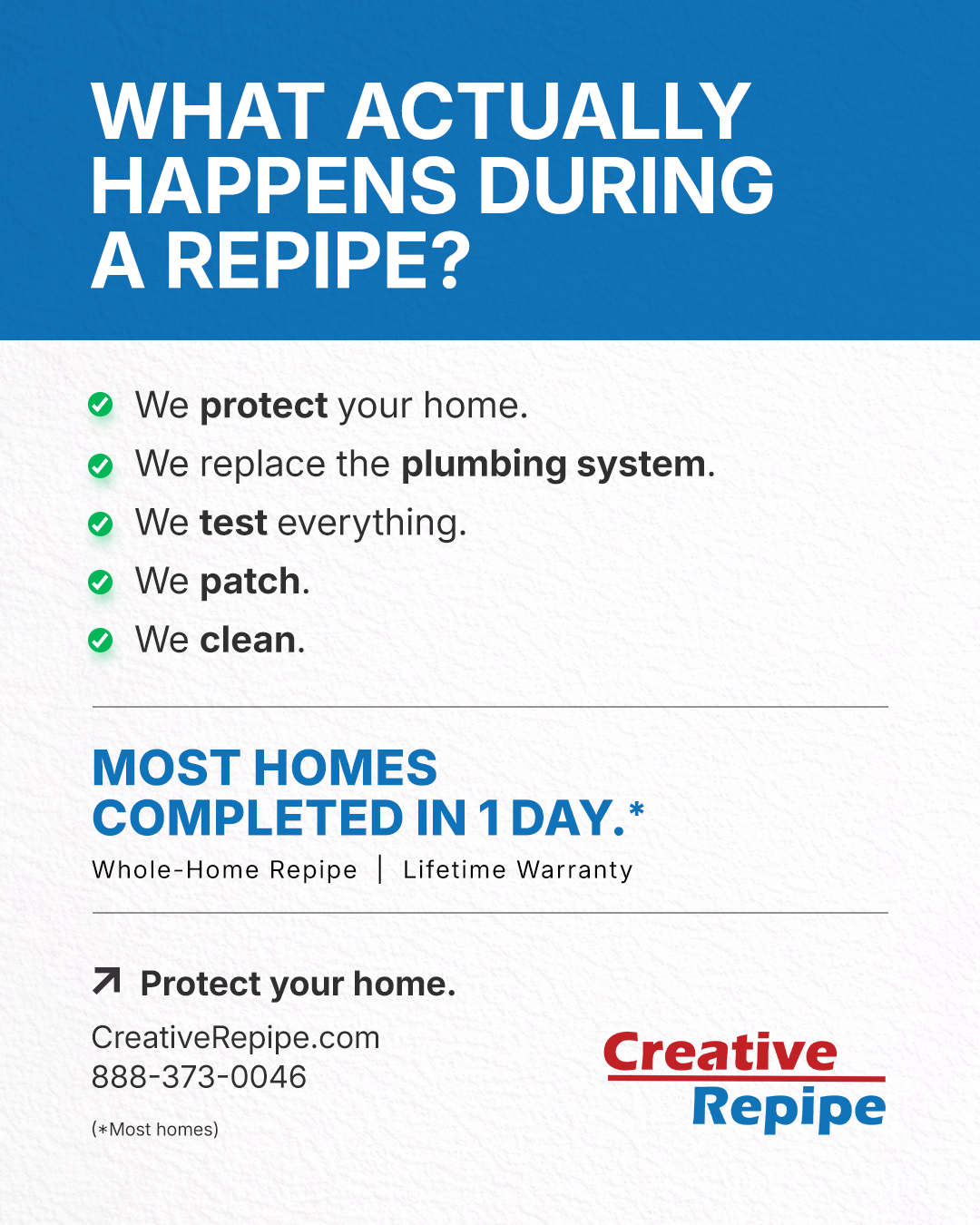 Steps of a whole house repipe process including protecting the home replacing plumbing system testing patching and cleaning completed in one day
