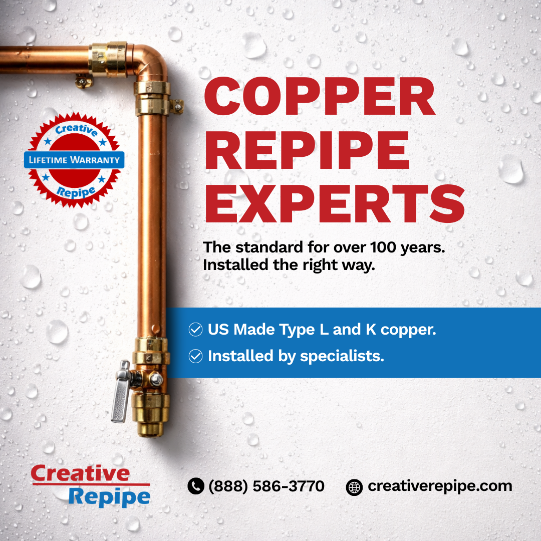 Copper Repipe Experts for Long-Term Plumbing Solutions Copper repipe system with Type L and K copper pipes installed by specialists for long term plumbing solution