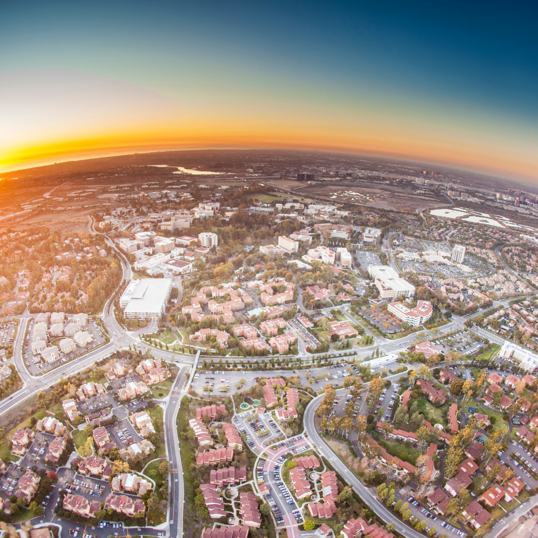erial view of South Orange County California neighborhoods at sunset — home repipe hotbed for aging copper pipes