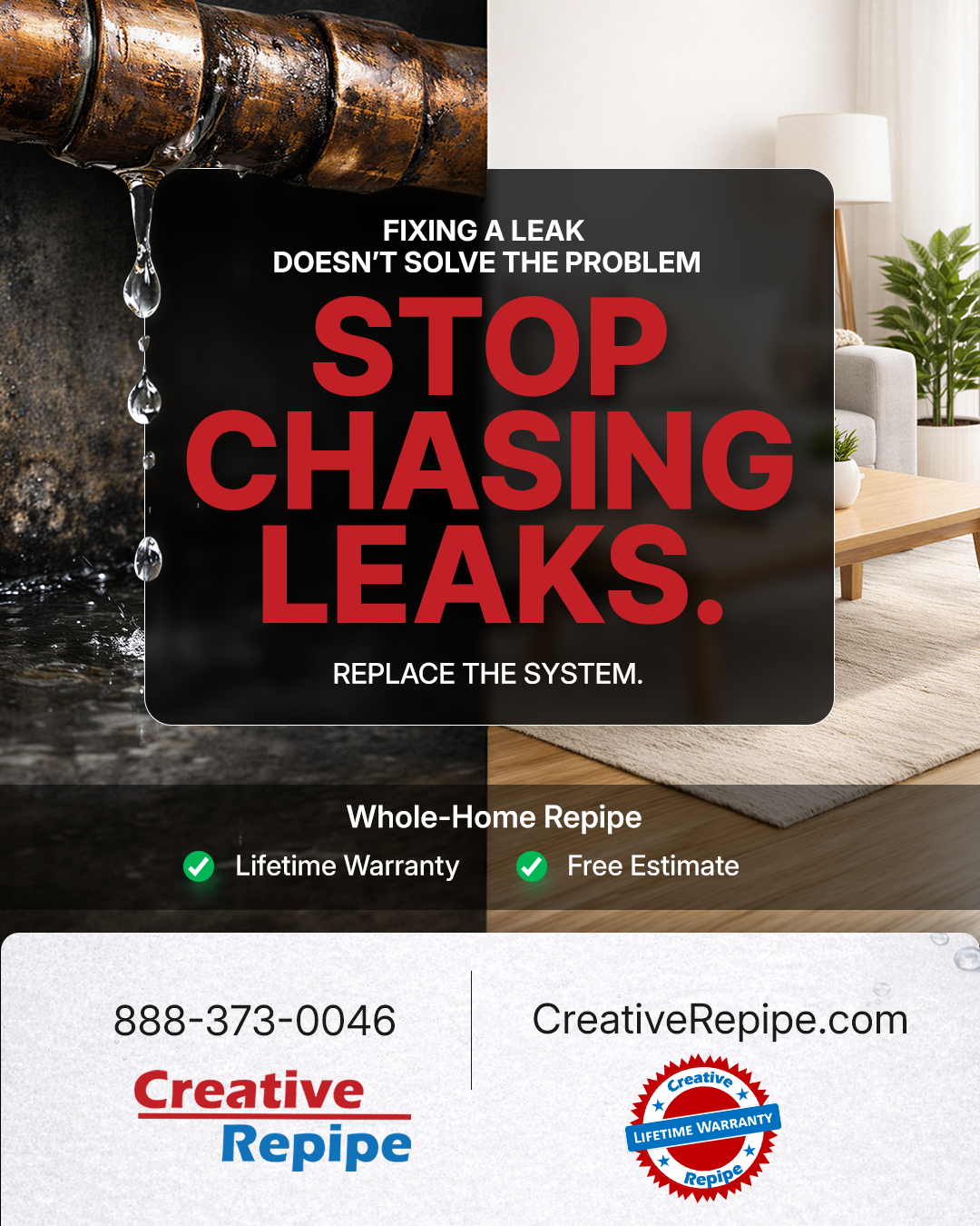 Stop chasing slab leaks — Creative Repipe replaces whole home plumbing system without damaging floors