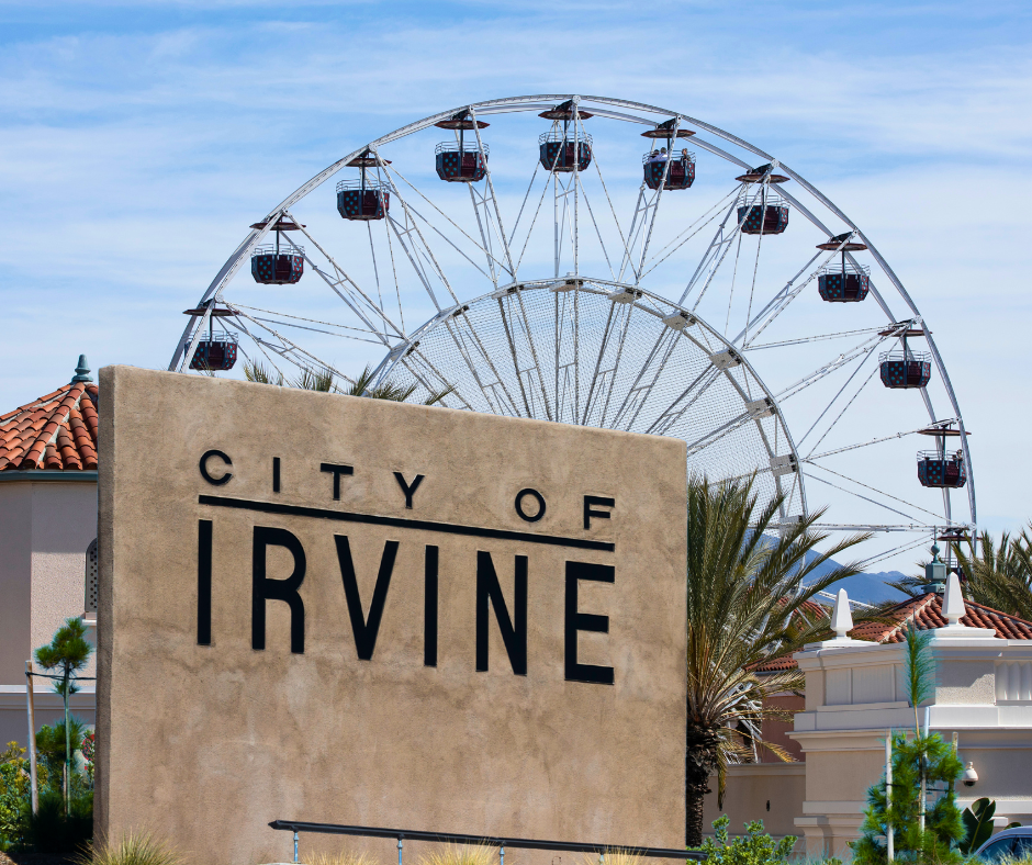 City of Irvine California sign with Great Park Ferris wheel — whole home repipe specialists serving all Irvine neighborhoods