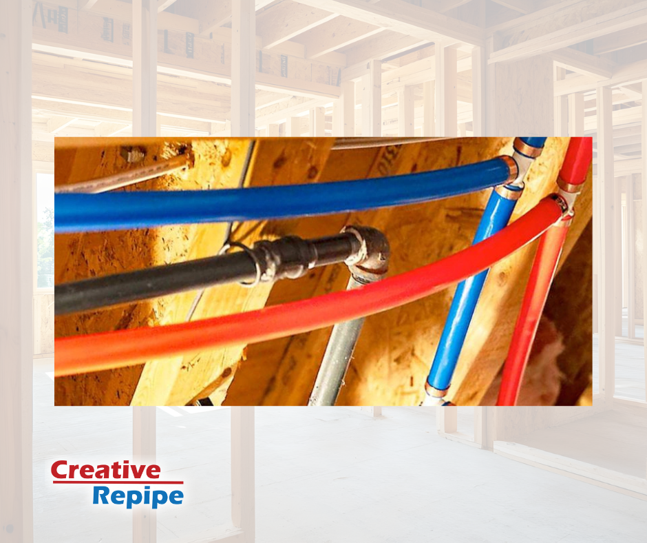 Red and blue Kitec piping in wall studs — Creative Repipe California Kitec piping replacement specialists