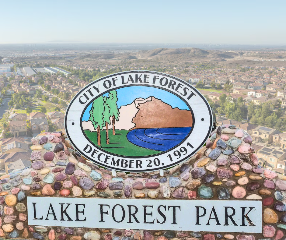 Lake Forest California city seal with aerial neighborhood view — whole home repipe specialists serving Lake Forest