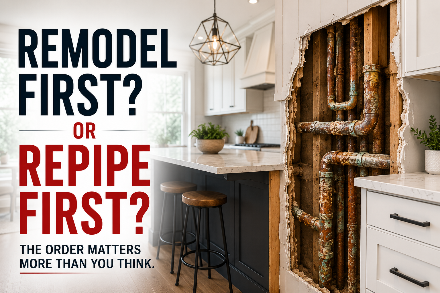 Remodel First or Repipe First? Corroded Pipes Behind New Kitchen Wall — Why the Order Matters | Creative Repipe Remodel first or repipe first — corroded pipes exposed behind new kitchen wall in Orange County California home
