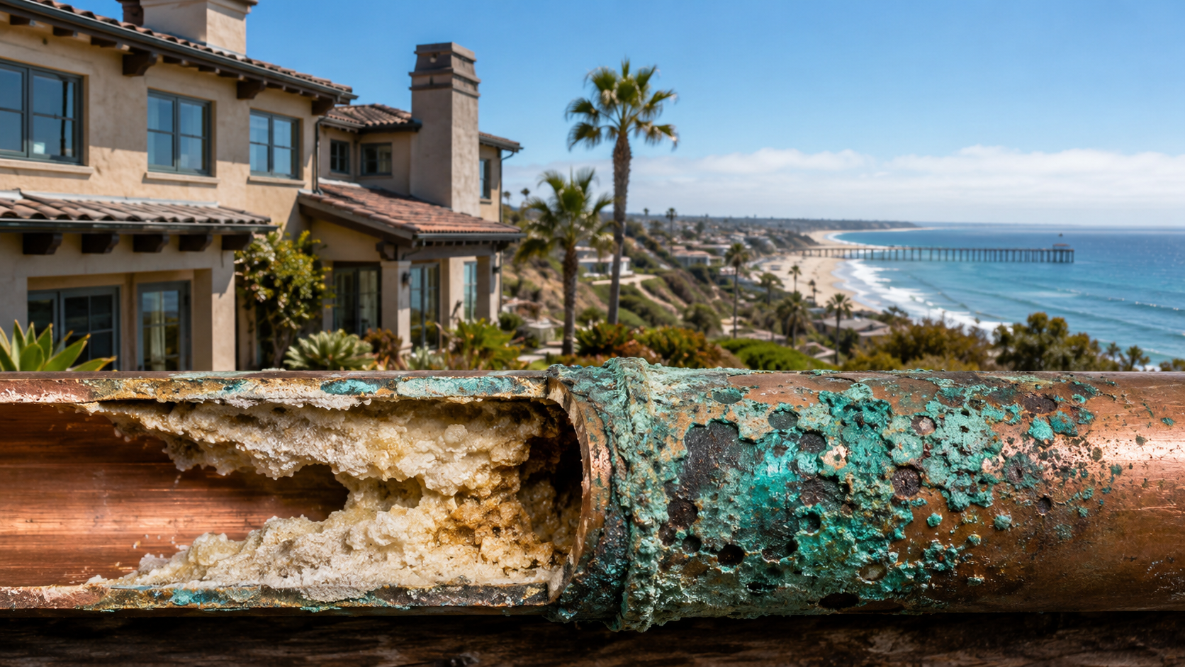 Corroded copper pipe cross section with mineral buildup in front of Huntington Beach California coastal home — two direction pipe corrosion problem