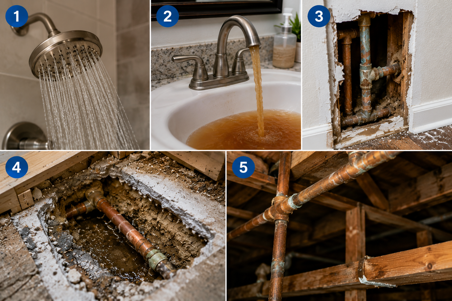 5 signs you need a repipe in Orange County — low pressure rusty water corroded pipes slab leak and aging copper