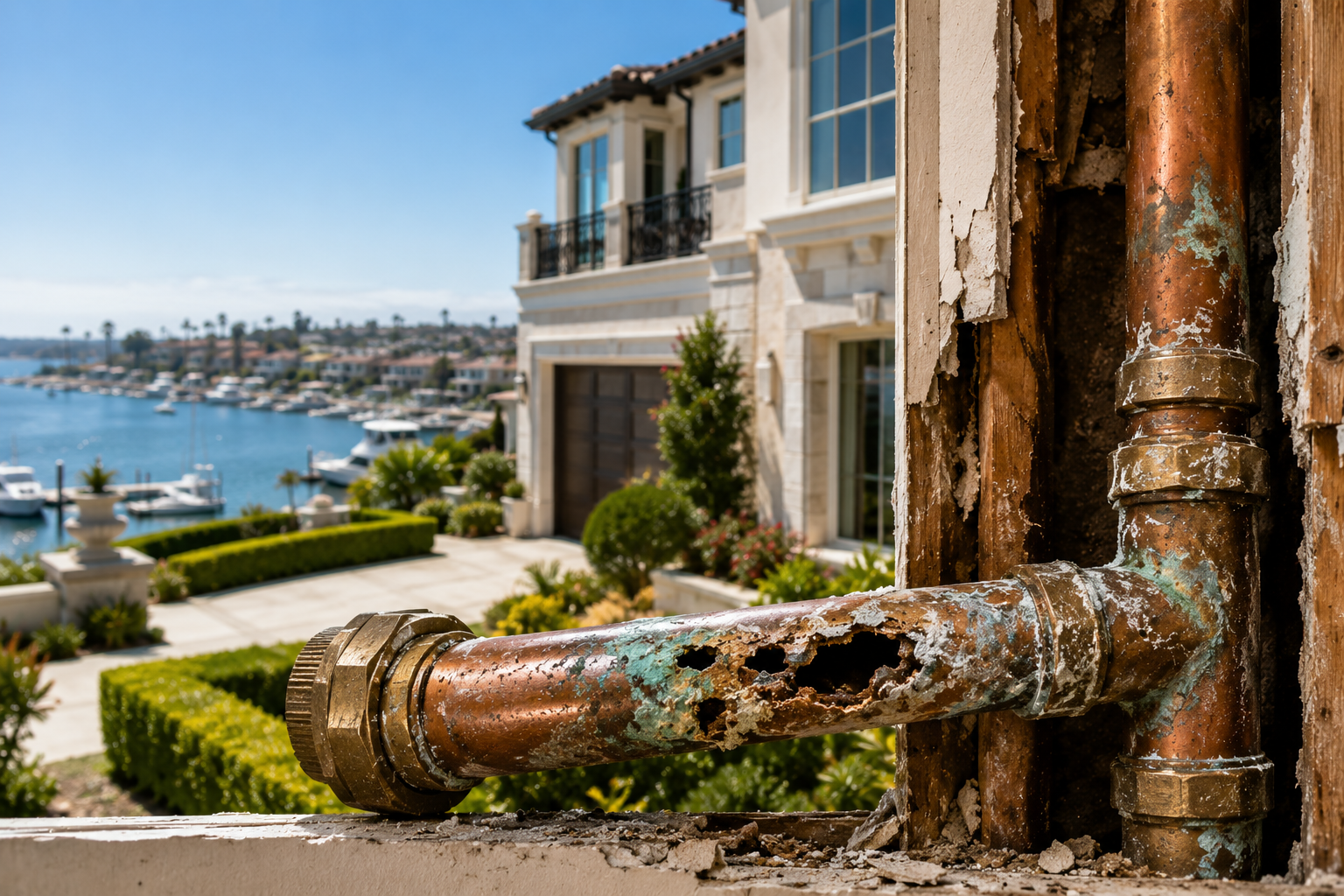 Corroded copper pipe with holes in front of Newport Beach California luxury harbor home — aging pipes threatening high value property
