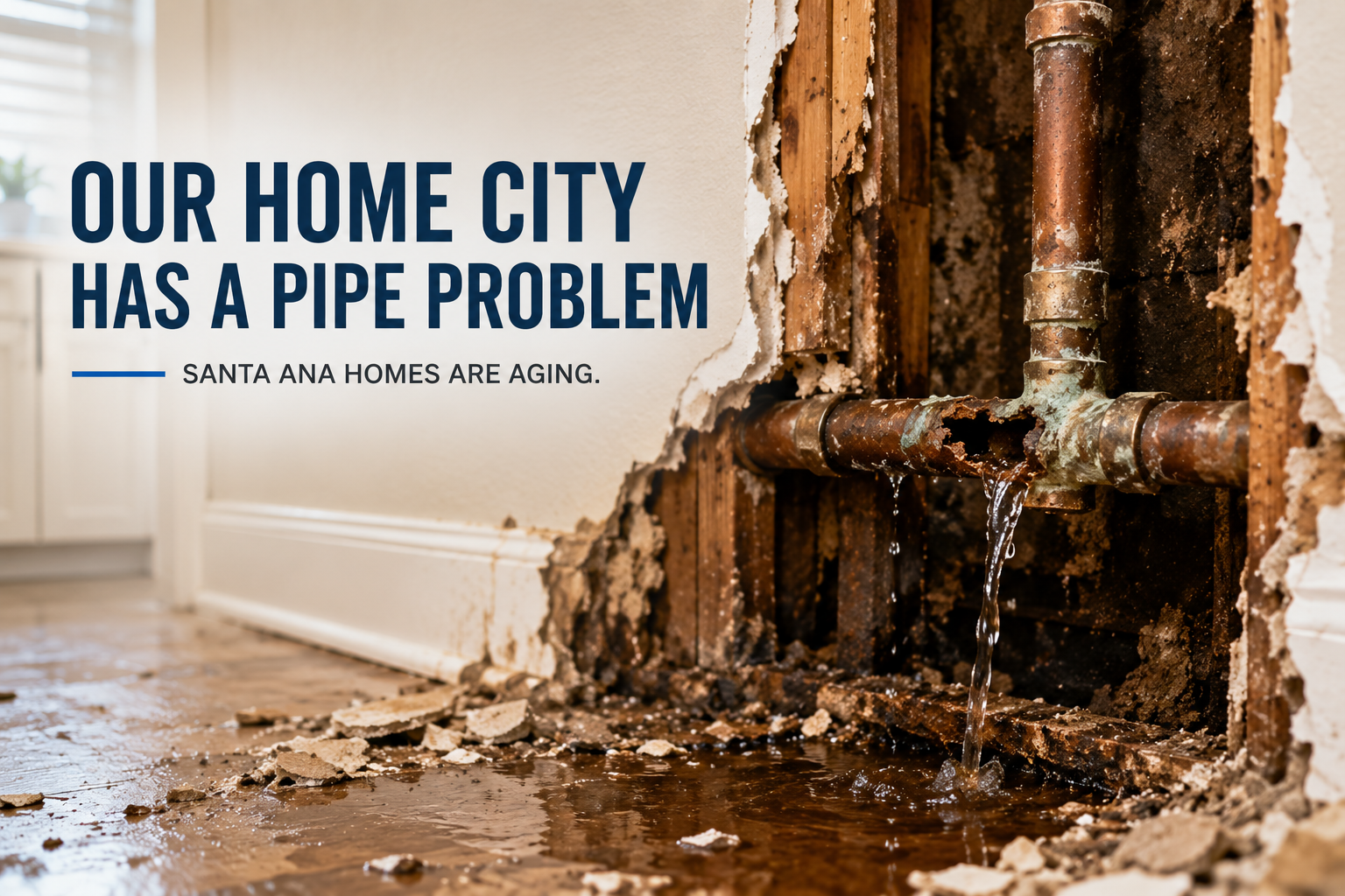 Our Home City Has a Pipe Problem — Corroded Leaking Pipes Inside Santa Ana California Home | Creative Repipe Corroded leaking pipes inside Santa Ana California home wall — Creative Repipe our home city has a pipe problem
