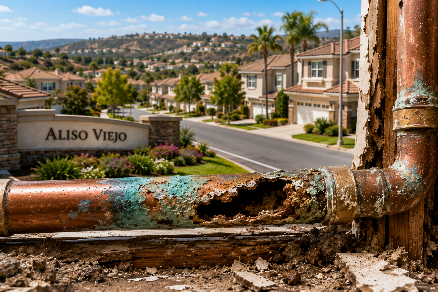 Corroded Copper Pipe Failure in Front of Aliso Viejo California Entrance Sign — Why Homes Here Are Aging All at Once | Creative Repipe Corroded copper pipe with hole in front of Aliso Viejo California community sign — aging pipes reaching critical age
