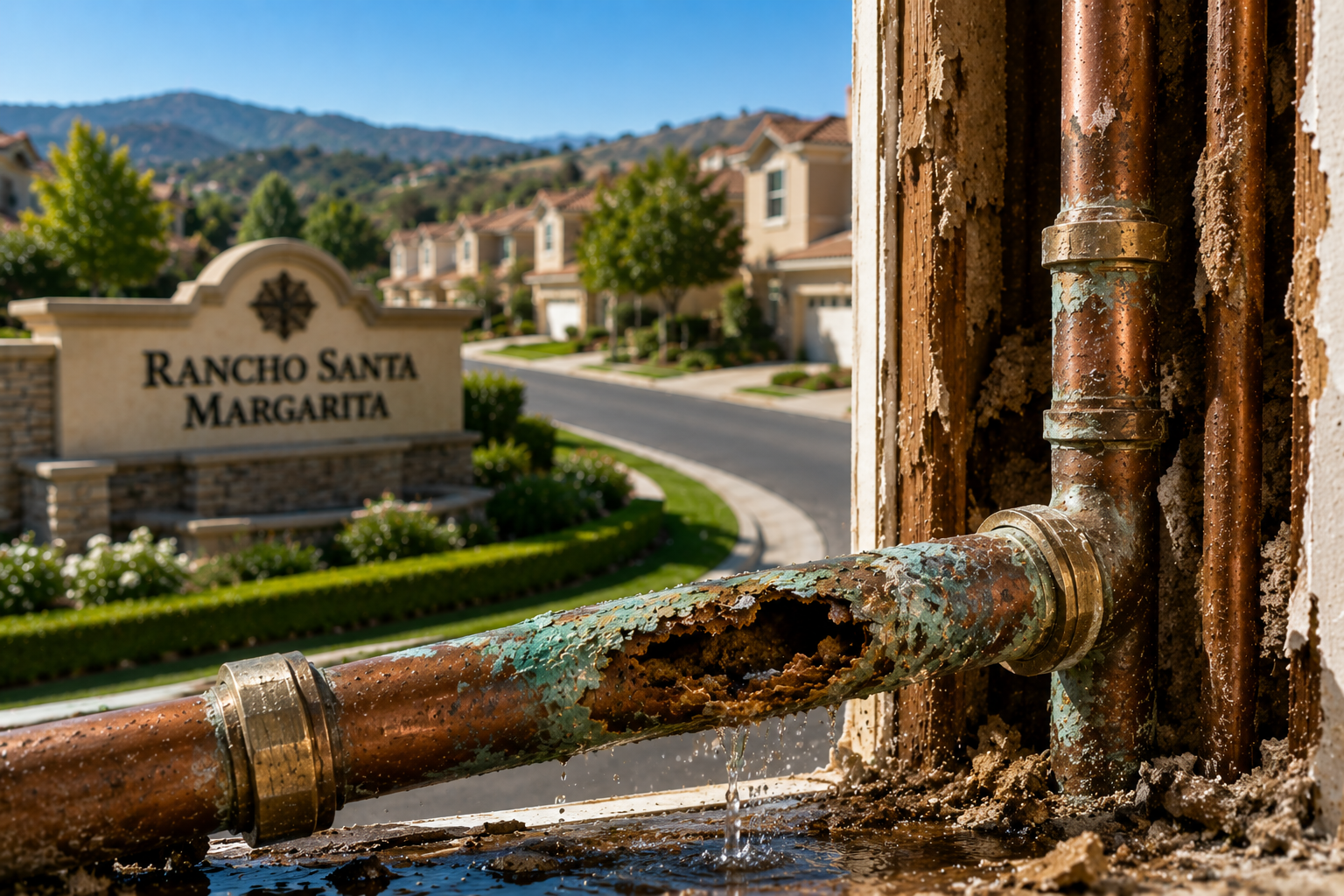 Corroded copper pipe with hole in front of Rancho Santa Margarita California community sign — RSM pipes reaching critical age