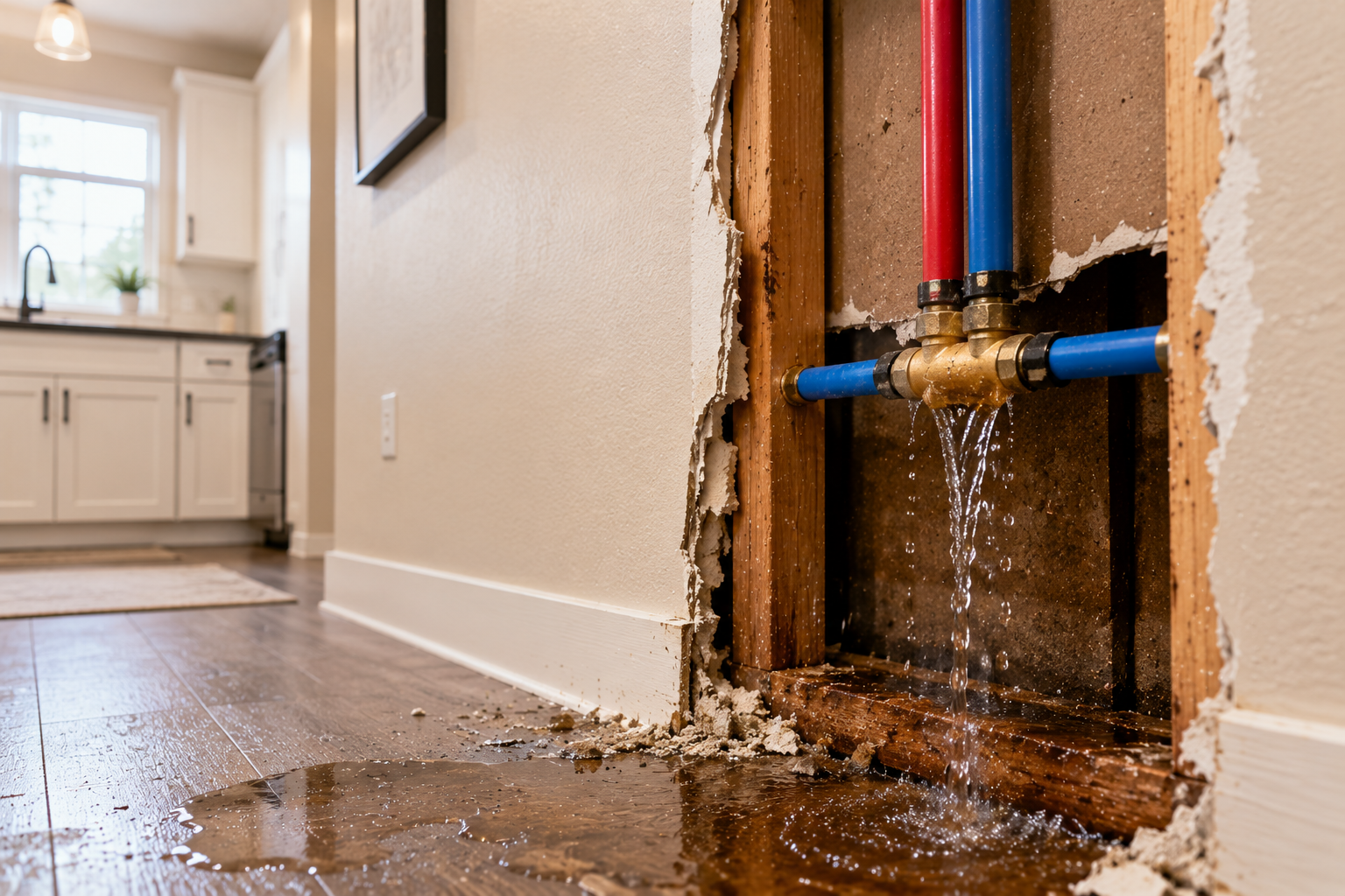 Leaking PEX Fitting Behind Drywall in a Newer Home — Why New Construction Still Has Plumbing Problems | Creative Repipe Leaking brass fitting on red and blue PEX pipes behind drywall in a newer California home kitchen