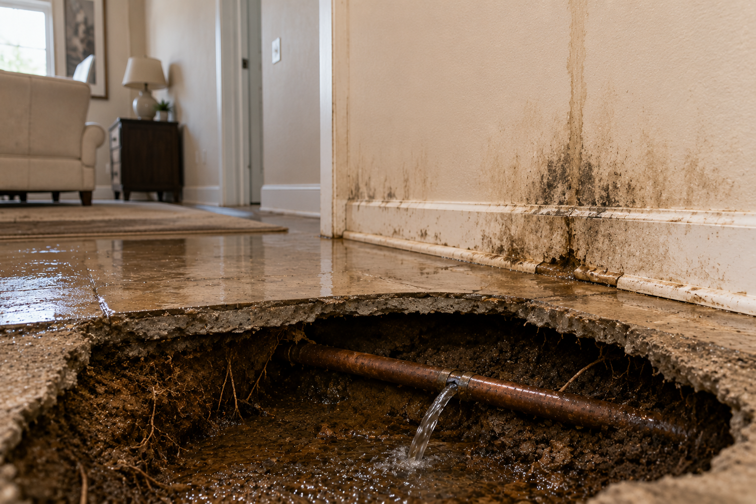 Corroded pipe leaking under broken slab with mold damage visible on nearby wall