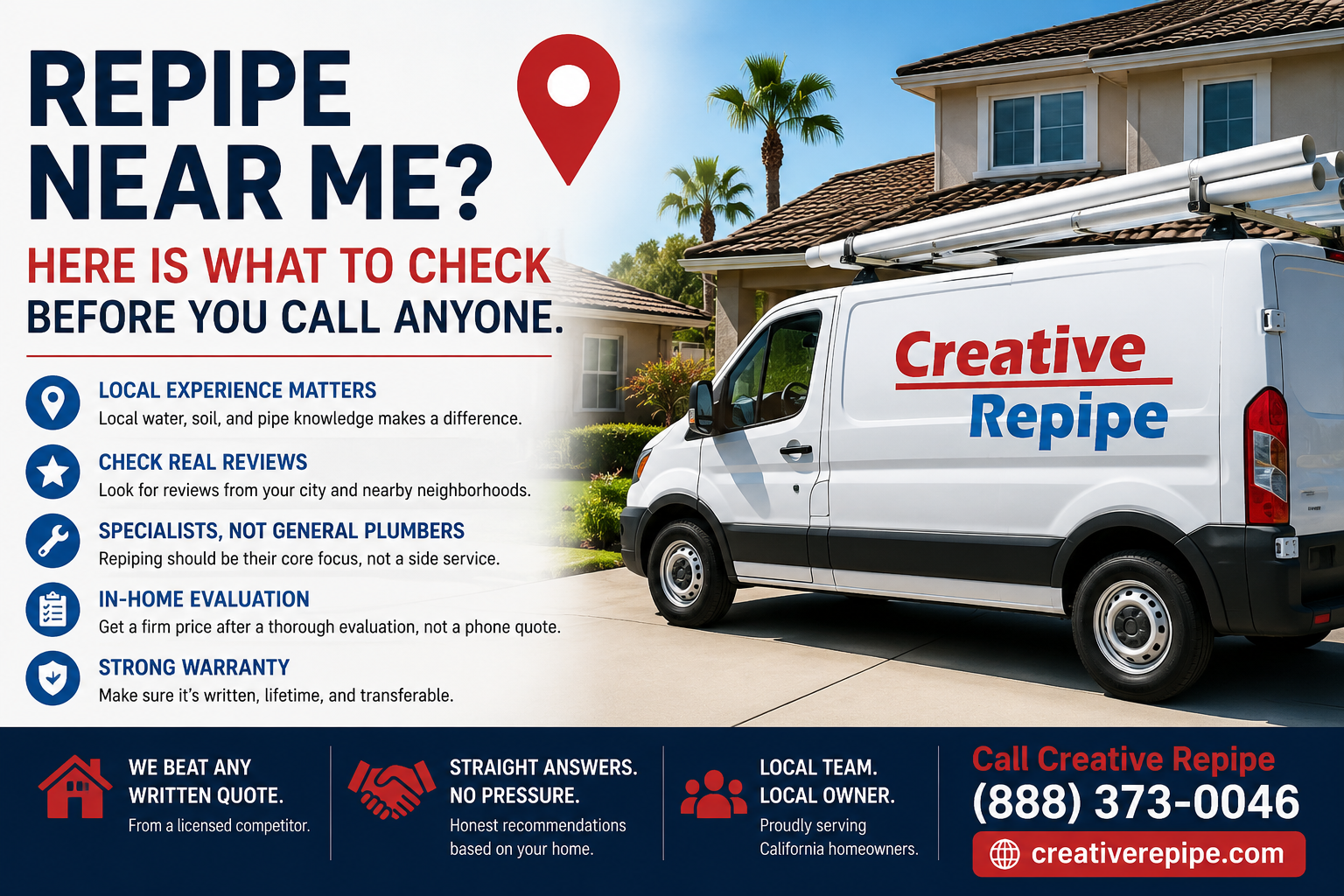 Repipe near me checklist graphic showing what to check before hiring a local repipe company in California