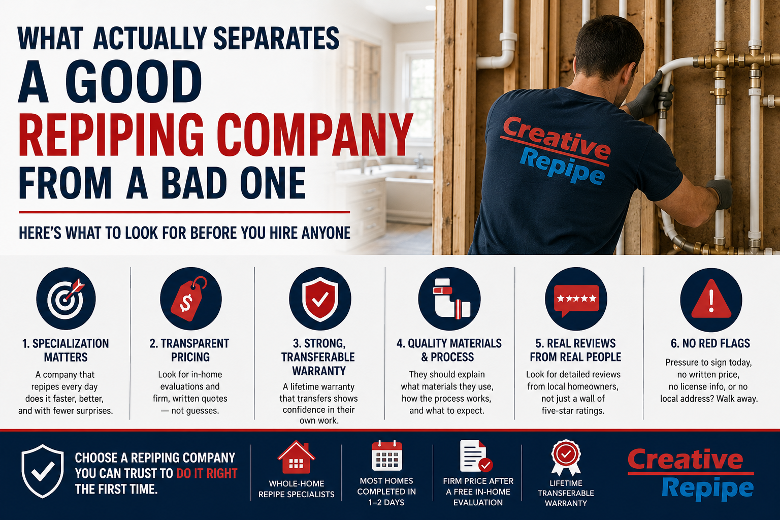 Checklist graphic showing six things that separate a good repiping company from a bad one