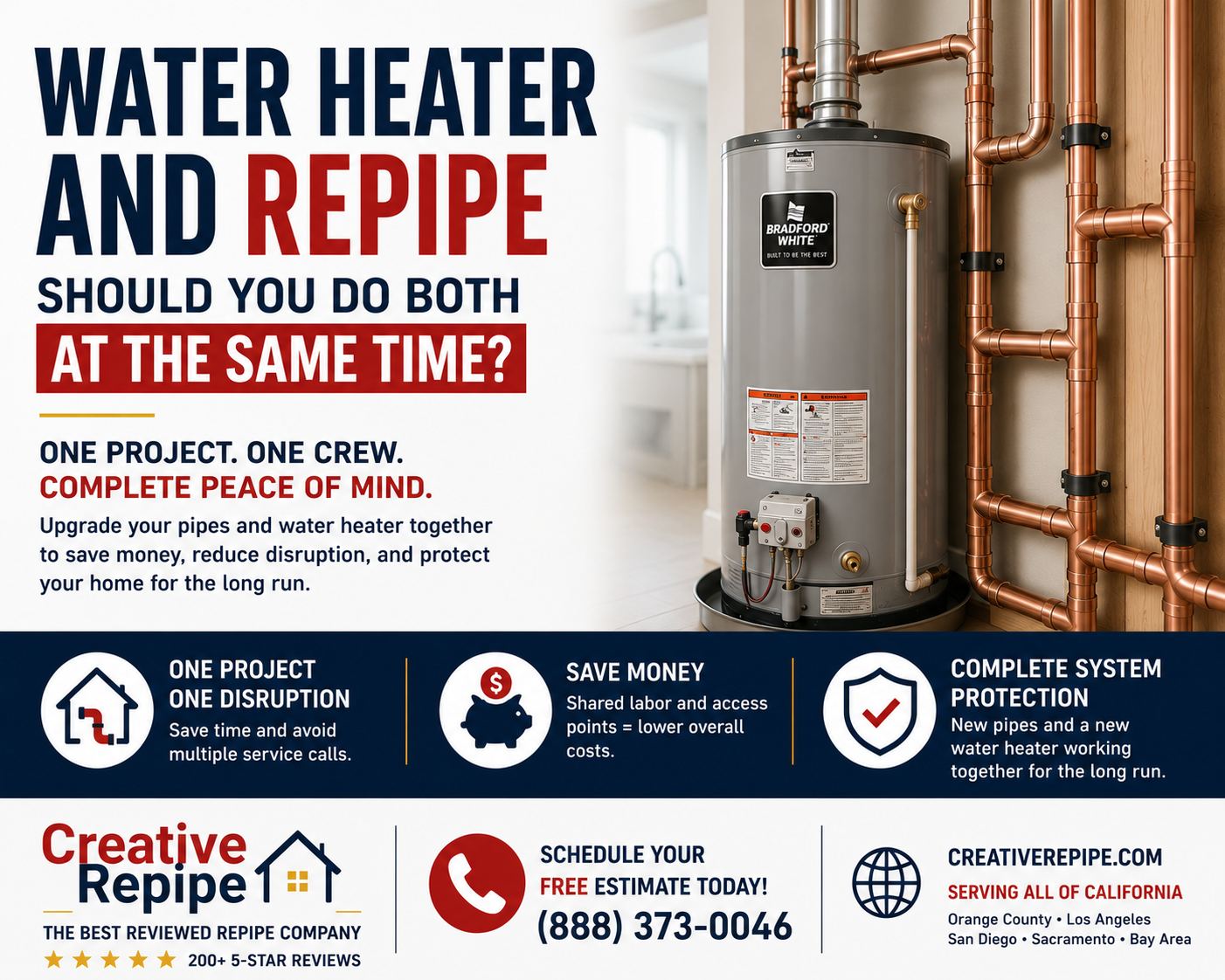 Water heater and repipe project showing a new water heater installed alongside new copper plumbing during a whole-home repipe in California.