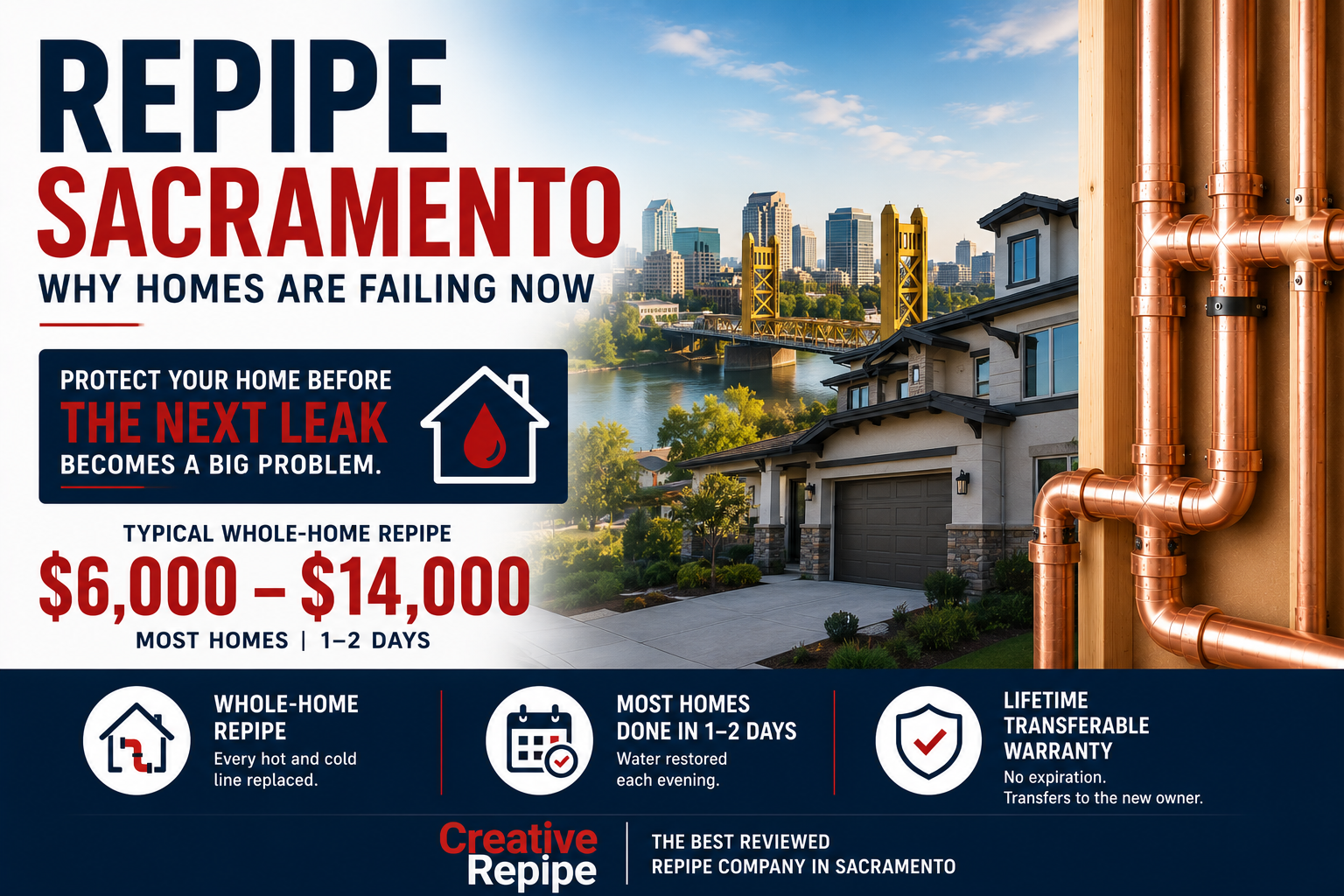 Whole-home repipe in Sacramento with copper plumbing replacement, modern home, and Creative Repipe lifetime warranty.