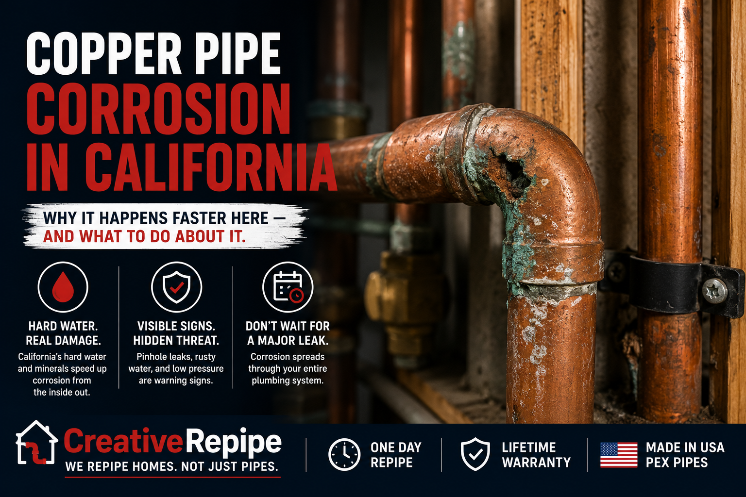 Corroded copper plumbing pipe with pinhole leak damage caused by California hard water and mineral buildup inside a home's plumbing system.