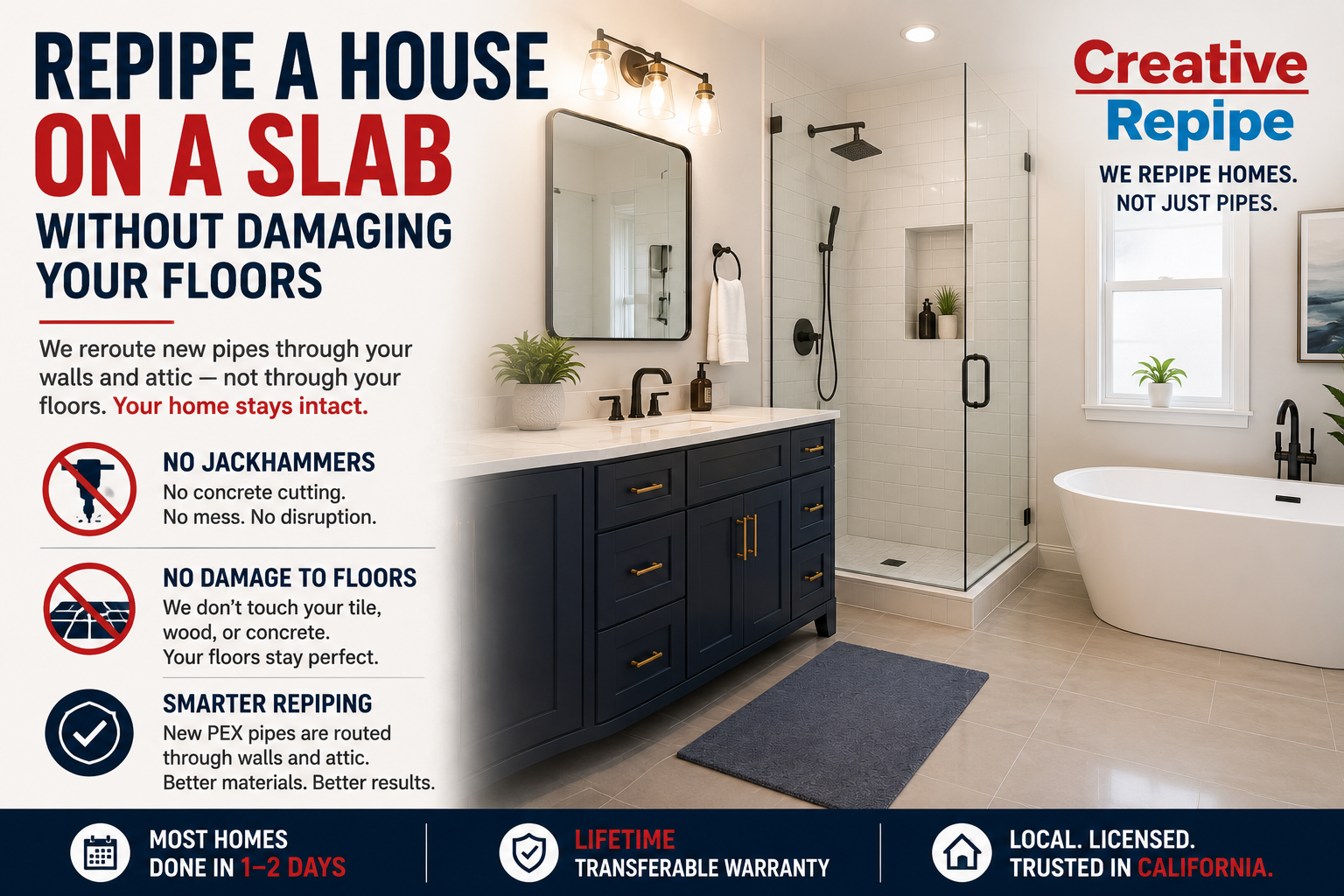 Modern bathroom in a California home after a whole-home slab repipe using new PEX plumbing routed through walls and the attic without damaging floors.