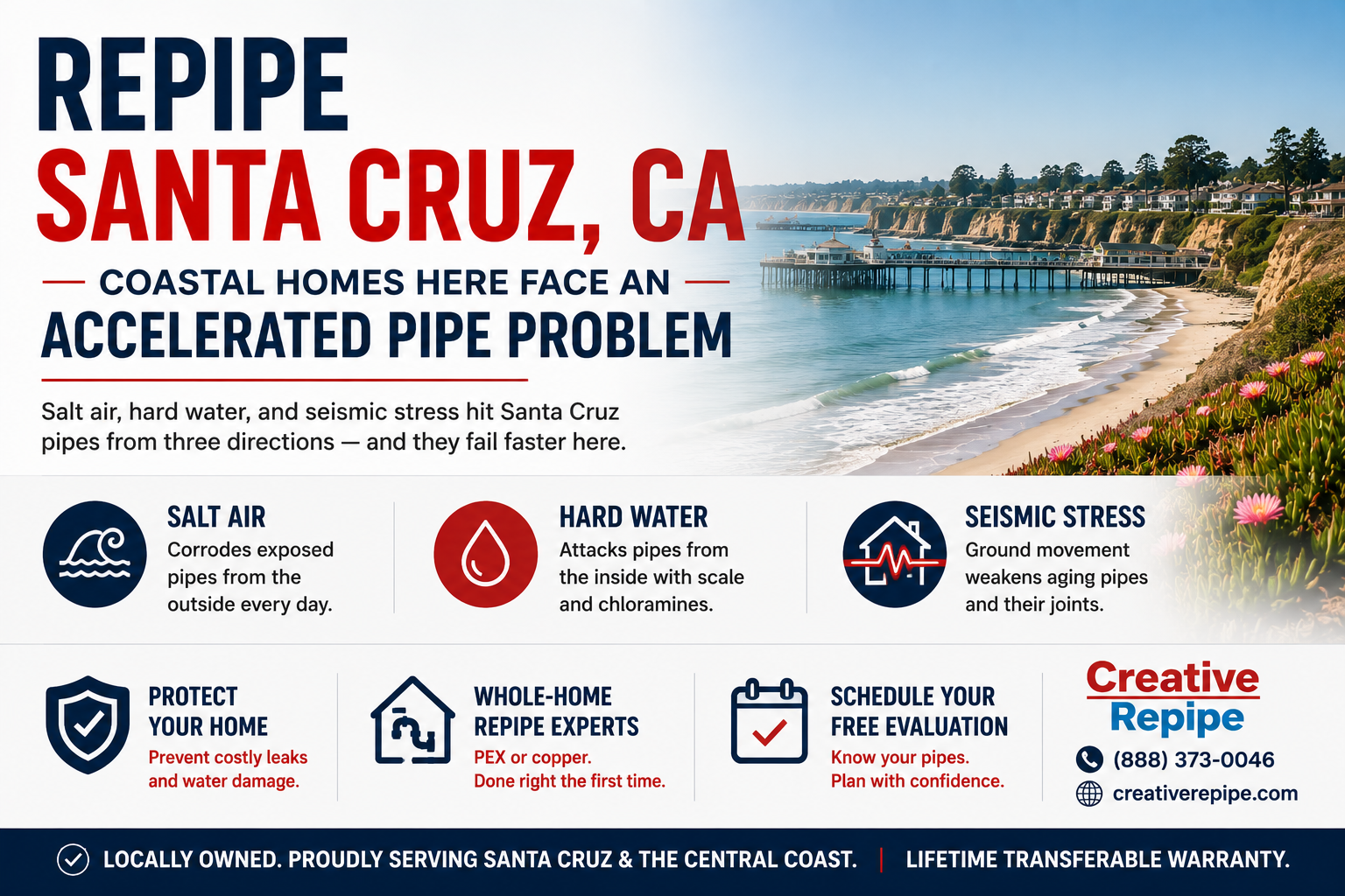 Santa Cruz, California coastline highlighting salt air, hard water, and seismic stress that can accelerate corrosion and plumbing problems in coastal homes.
