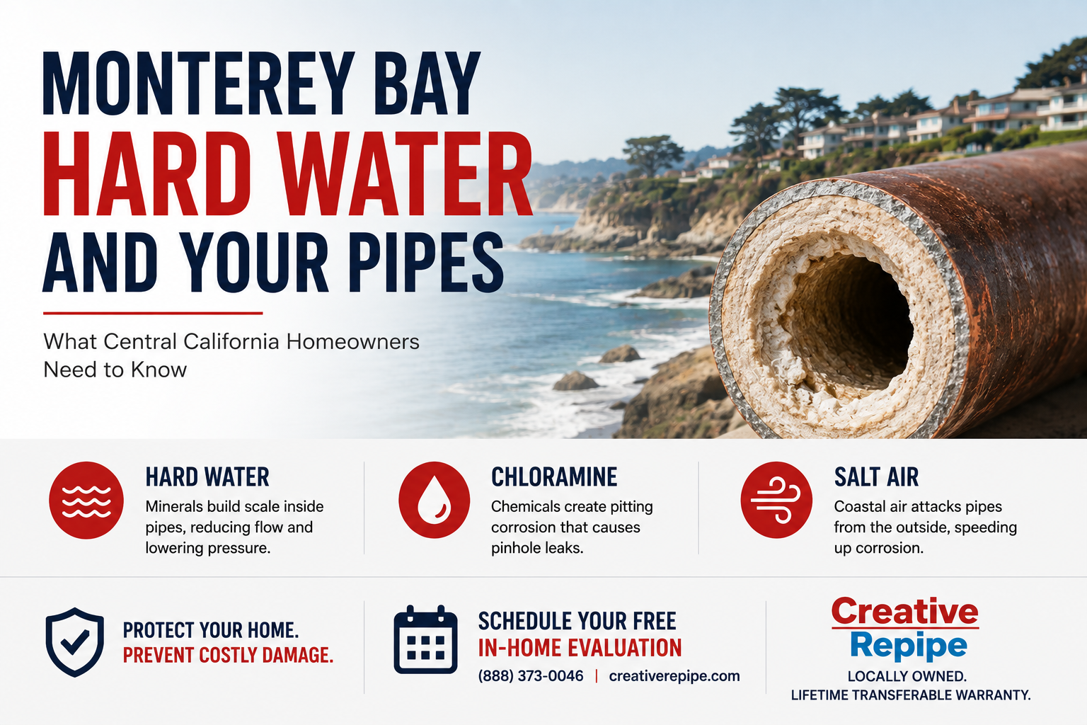 Monterey Bay Hard Water and Your Pipes | Central California Plumbing Corroded pipe with mineral buildup illustrating how Monterey Bay hard water, chloramine, and coastal salt air can affect home plumbing.
