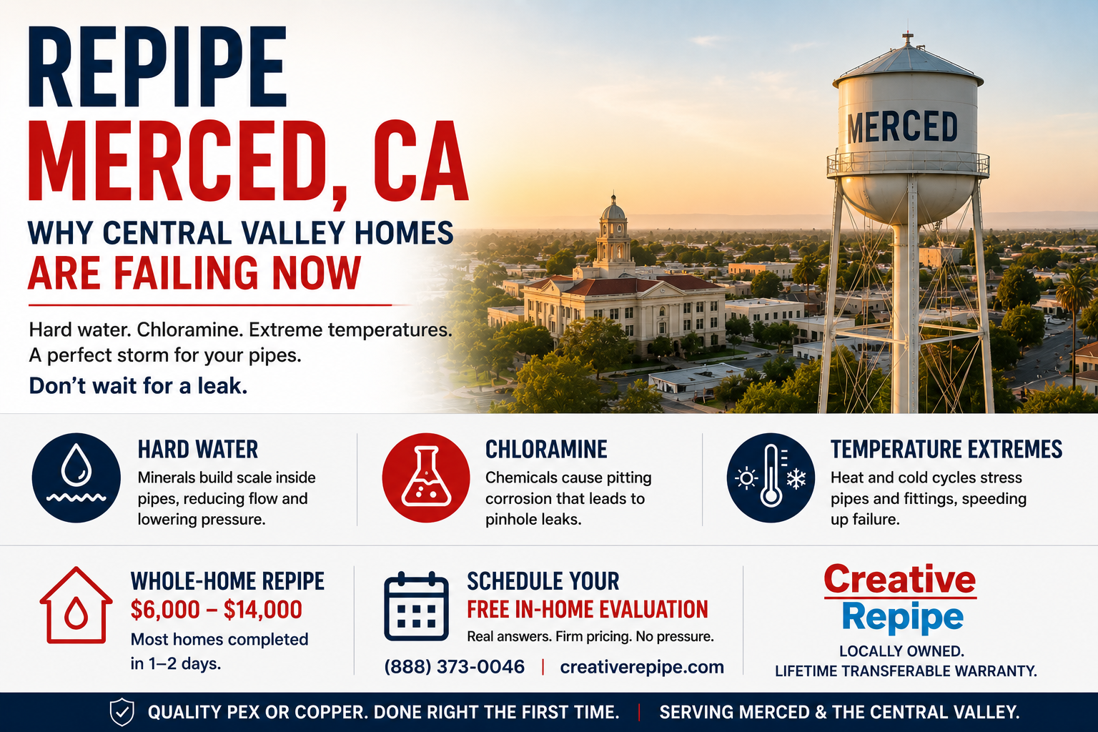 Merced, California skyline highlighting hard water, chloramine, and temperature extremes that can contribute to aging pipes, corrosion, and plumbing leaks.