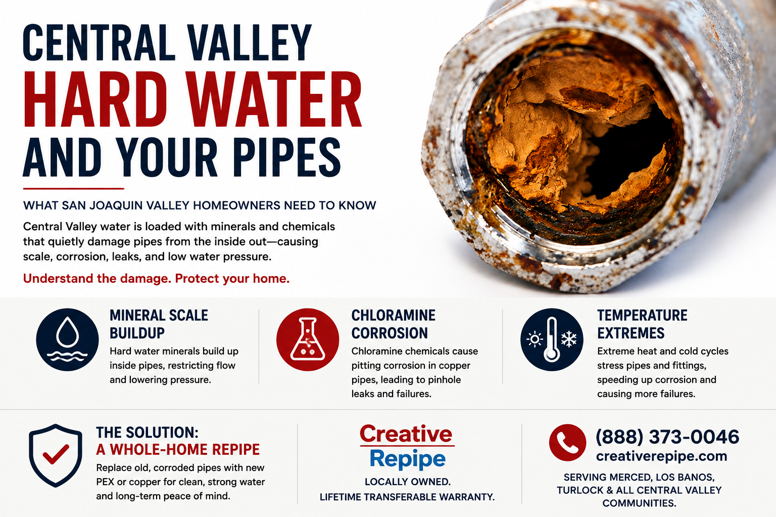 Central Valley Hard Water and Your Pipes | San Joaquin Valley Plumbing Corroded pipe with heavy mineral buildup showing how Central Valley hard water can contribute to scale, restricted flow, and plumbing problems.