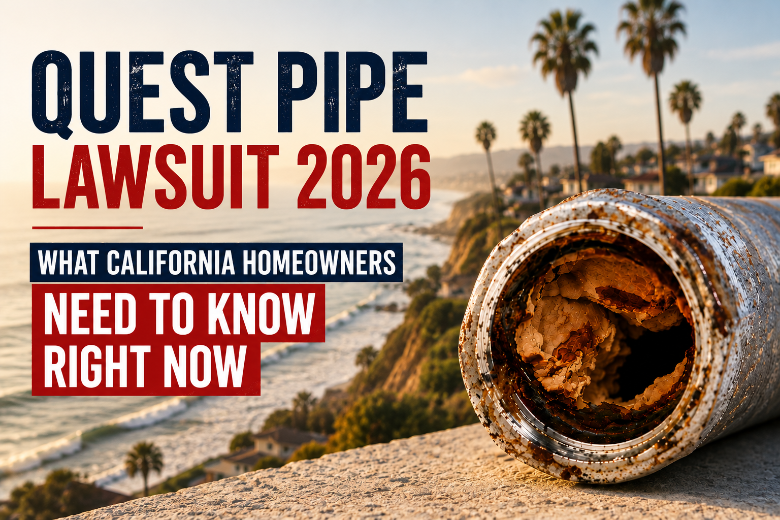 Quest pipe lawsuit 2026 information for California homeowners showing deteriorated plumbing pipe and coastal California homes.