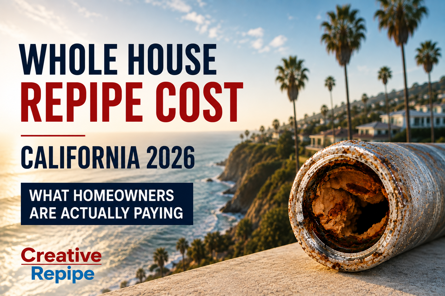 Whole house repipe cost in California for 2026 with corroded pipe and California coastal homes, by Creative Repipe.