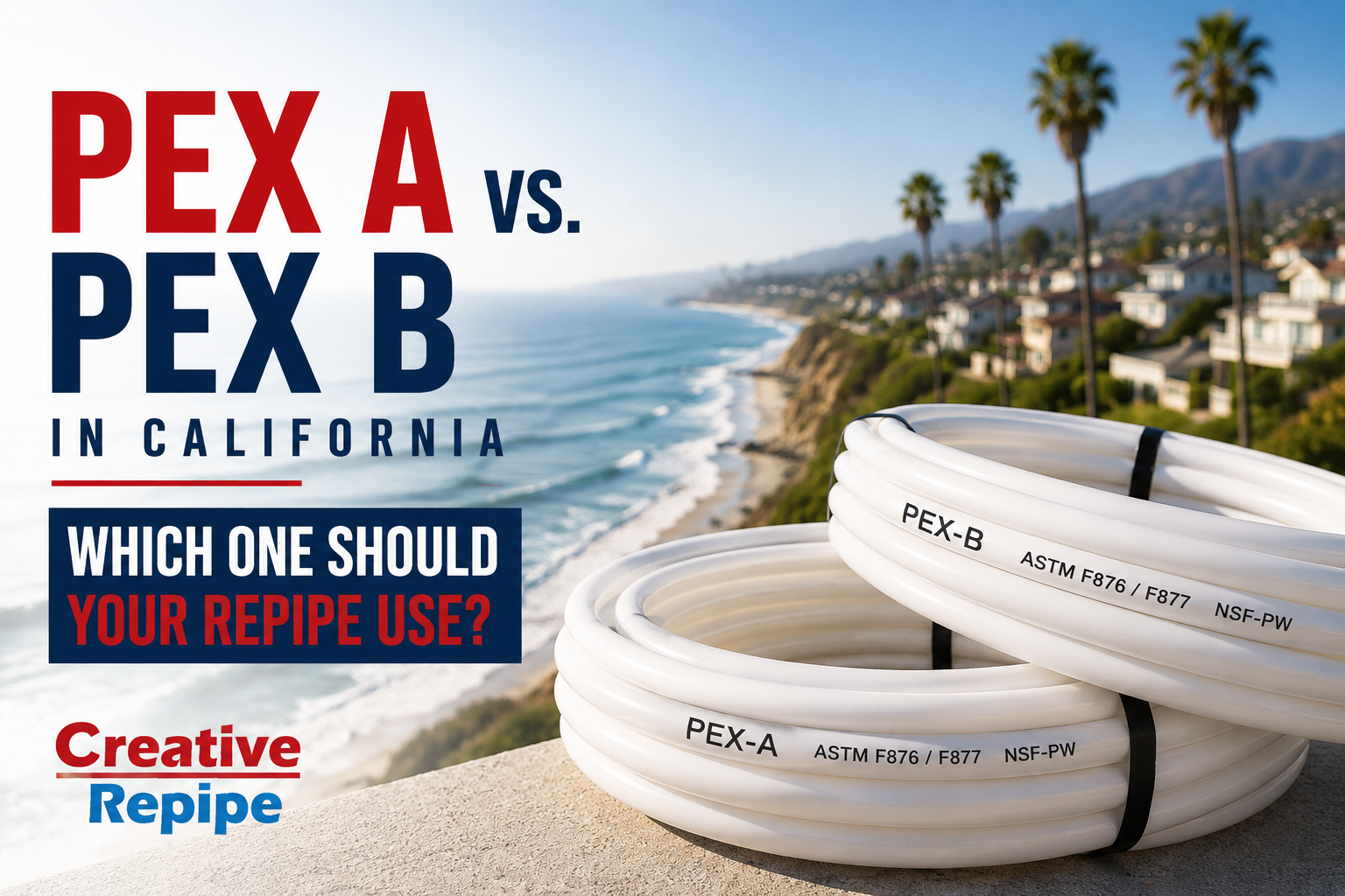 PEX A vs PEX B for whole-house repiping in California, showing coils of PEX-A and PEX-B plumbing pipe.
