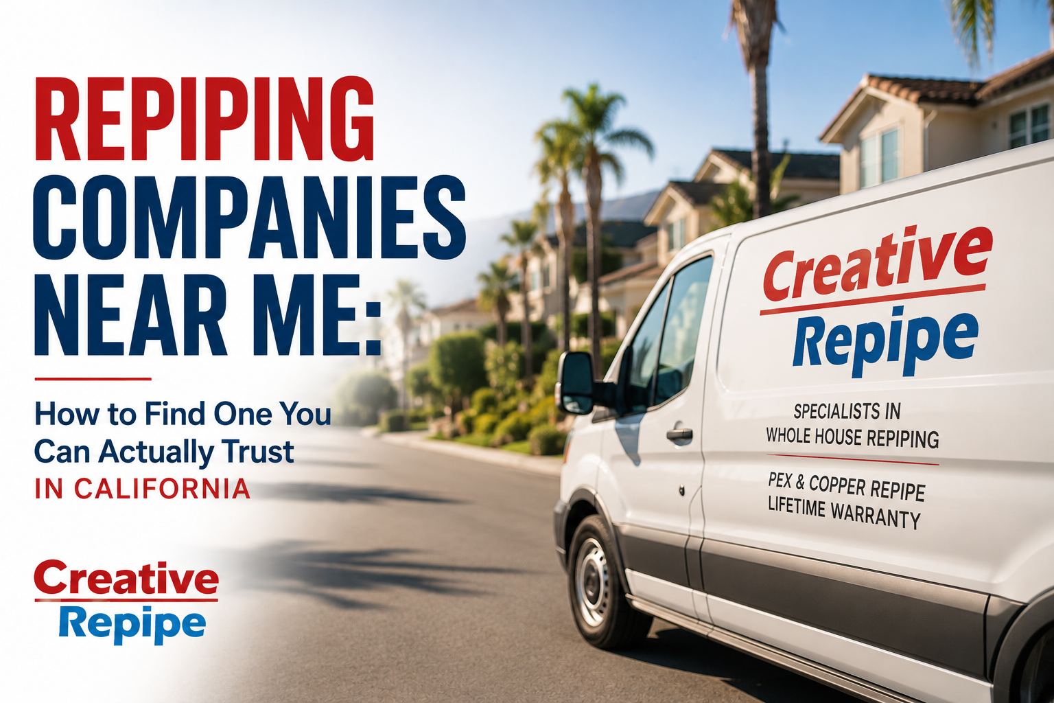 Repiping Companies Near Me in California – How to Choose a Repipe Company Repiping companies near me in California featuring a Creative Repipe service van for whole-house PEX and copper repiping.