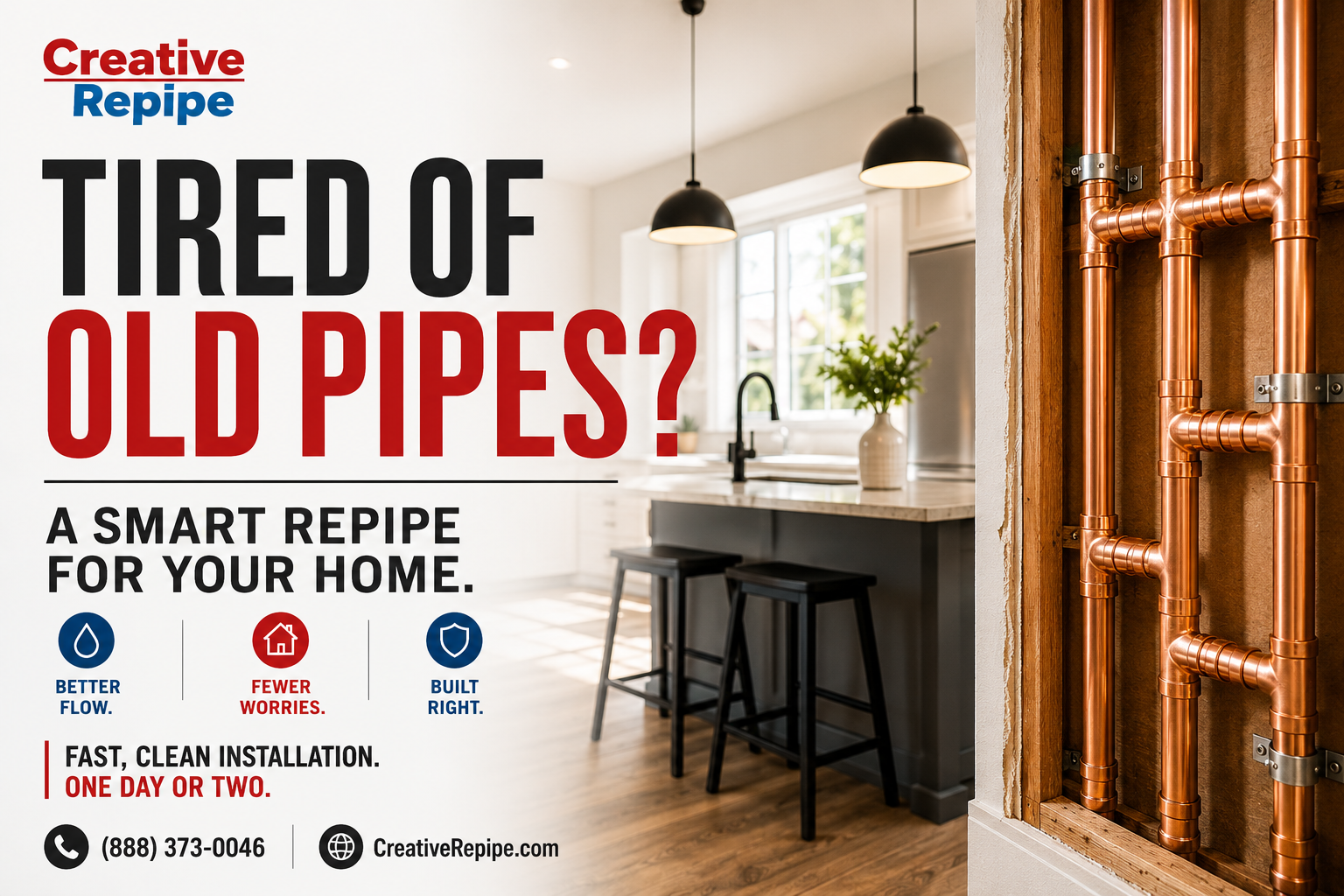 Whole-house copper repipe replacing old pipes in a California home for better water flow and long-term plumbing reliability.