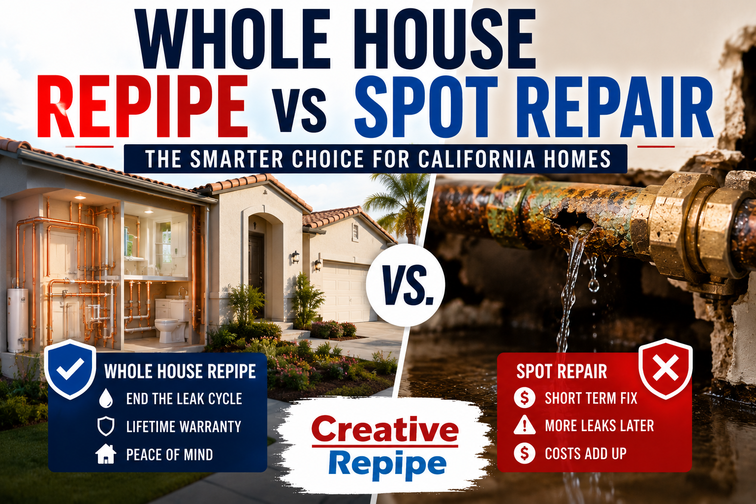 Whole house repipe vs spot repair comparison for California homeowners showing new plumbing and a corroded leaking pipe.