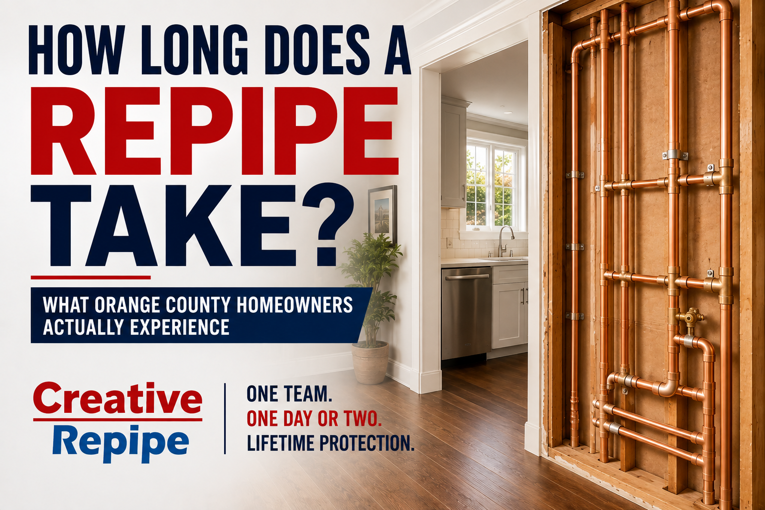 How long does a whole house repipe take in Orange County, California, showing new copper plumbing installed inside a home wall.