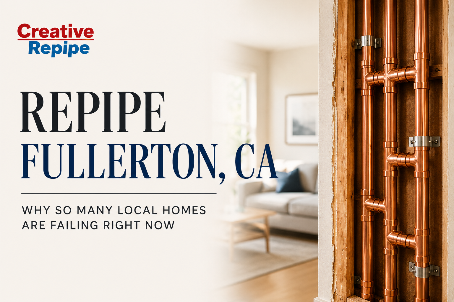 Fullerton repipe service showing new copper plumbing installed in a home by Creative Repipe in Fullerton, California.