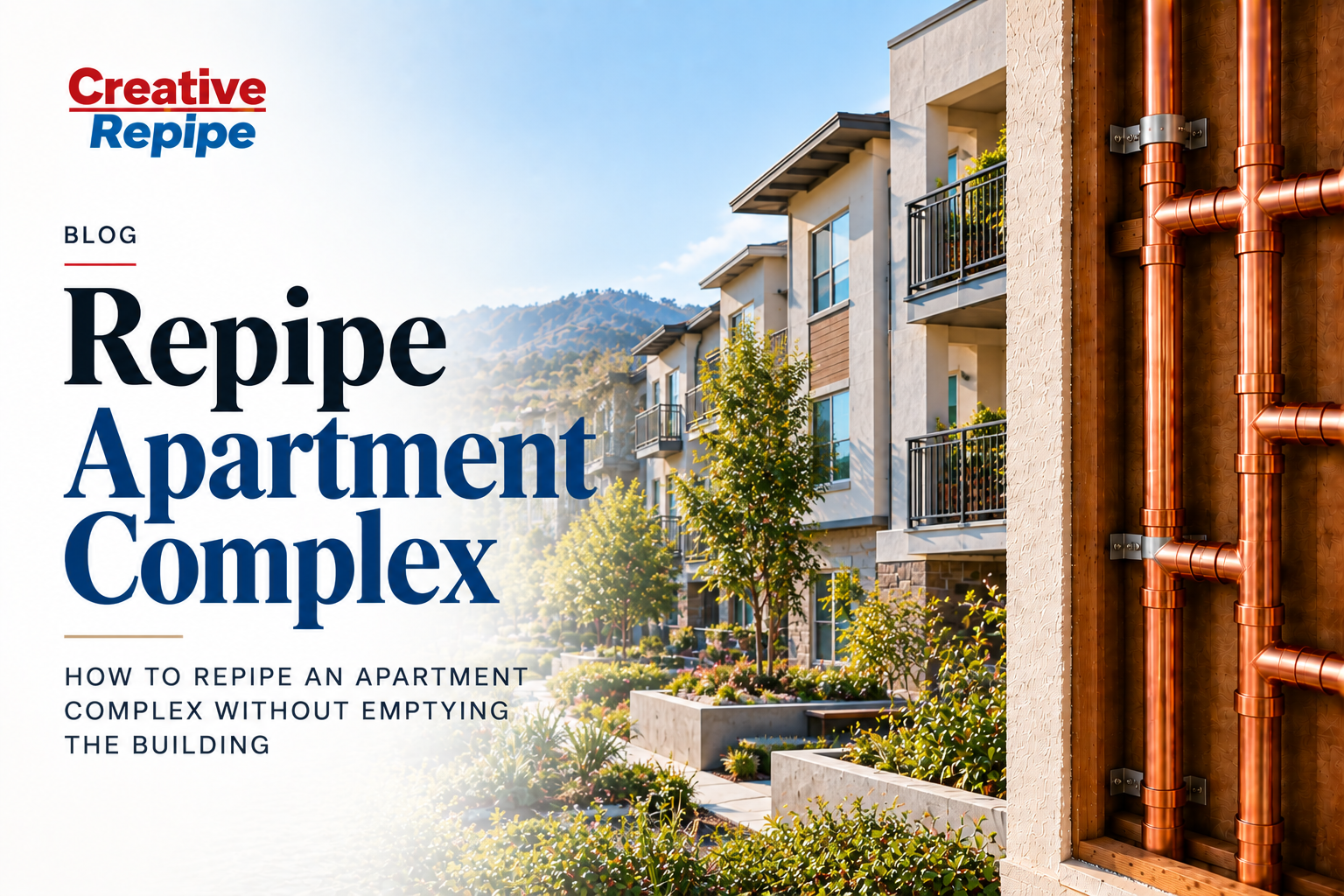 Apartment complex repipe services featuring a multi-unit residential building with exposed copper plumbing, illustrating whole-building repiping for occupied apartment communities.