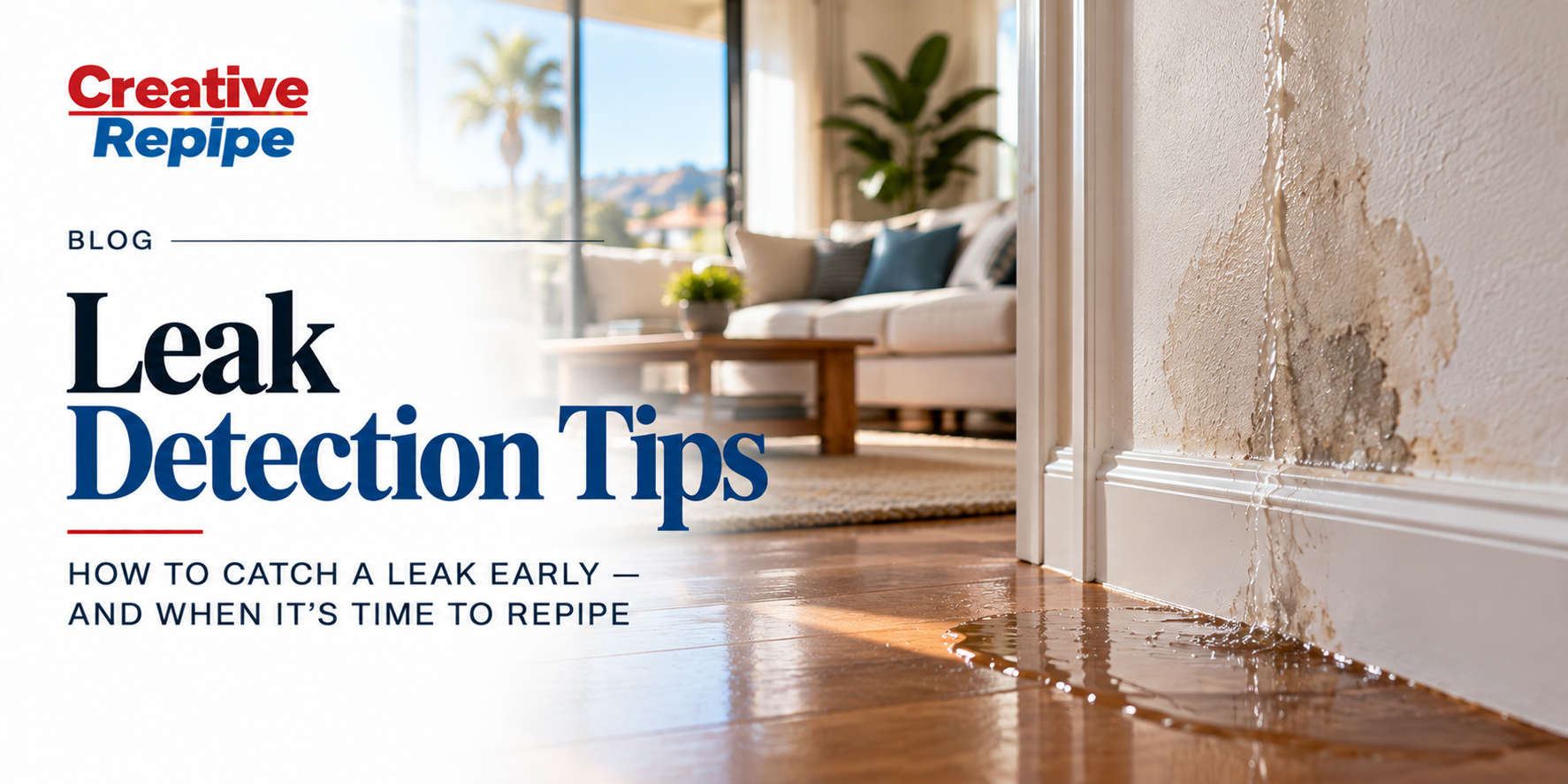Leak detection tips showing water leaking through an interior wall and pooling on a hardwood floor, illustrating signs of a hidden plumbing leak.