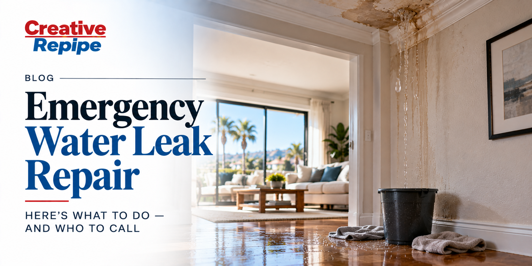 Emergency water leak repair showing water leaking from a damaged ceiling into a bucket with water pooling on a hardwood floor.