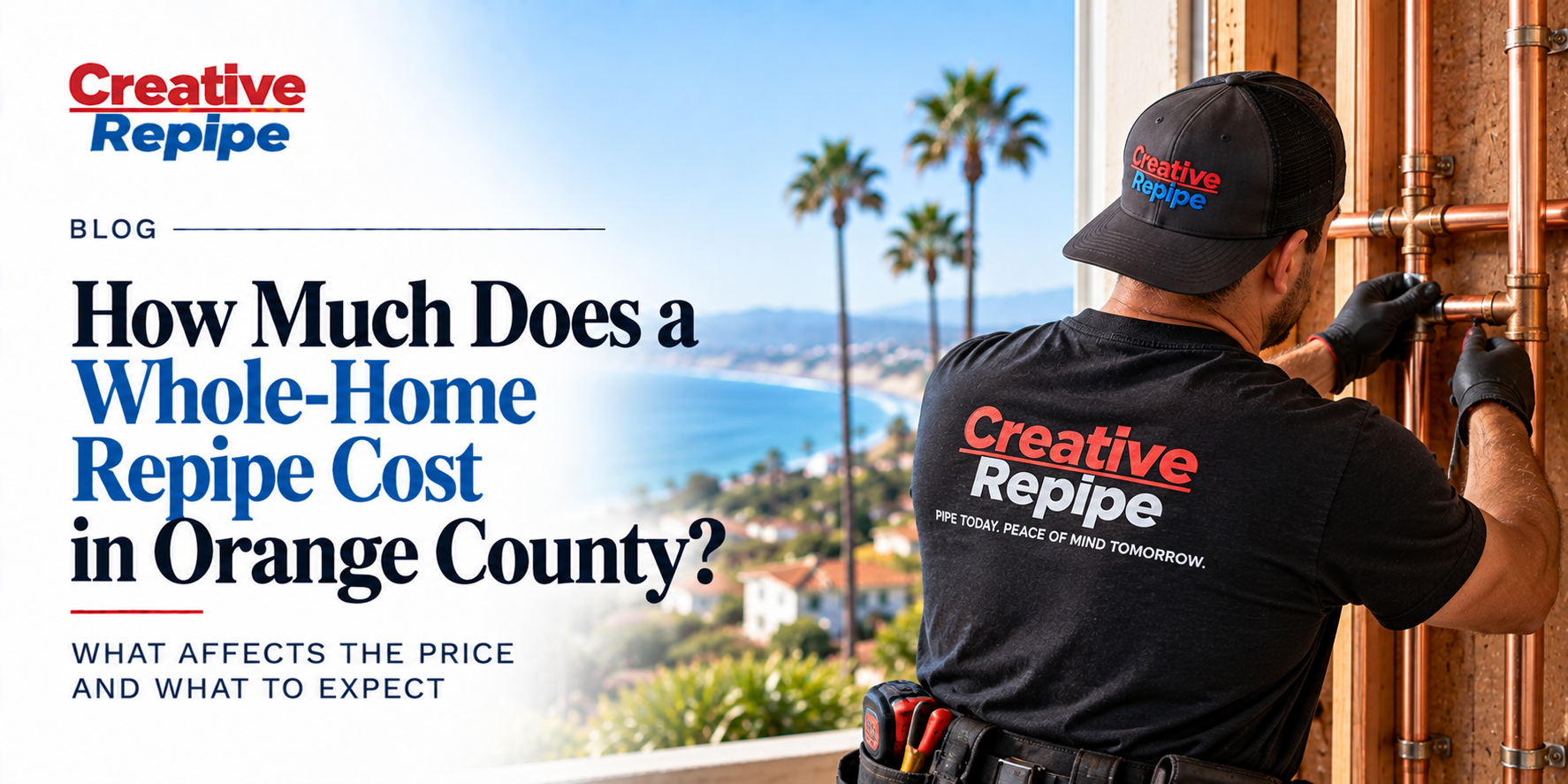 Creative Repipe technician installing copper plumbing during a whole-home repipe in Orange County, California.