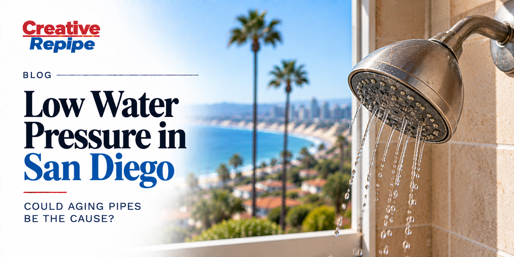 Low water pressure from a shower in a San Diego home, potentially caused by aging or restricted plumbing pipes.