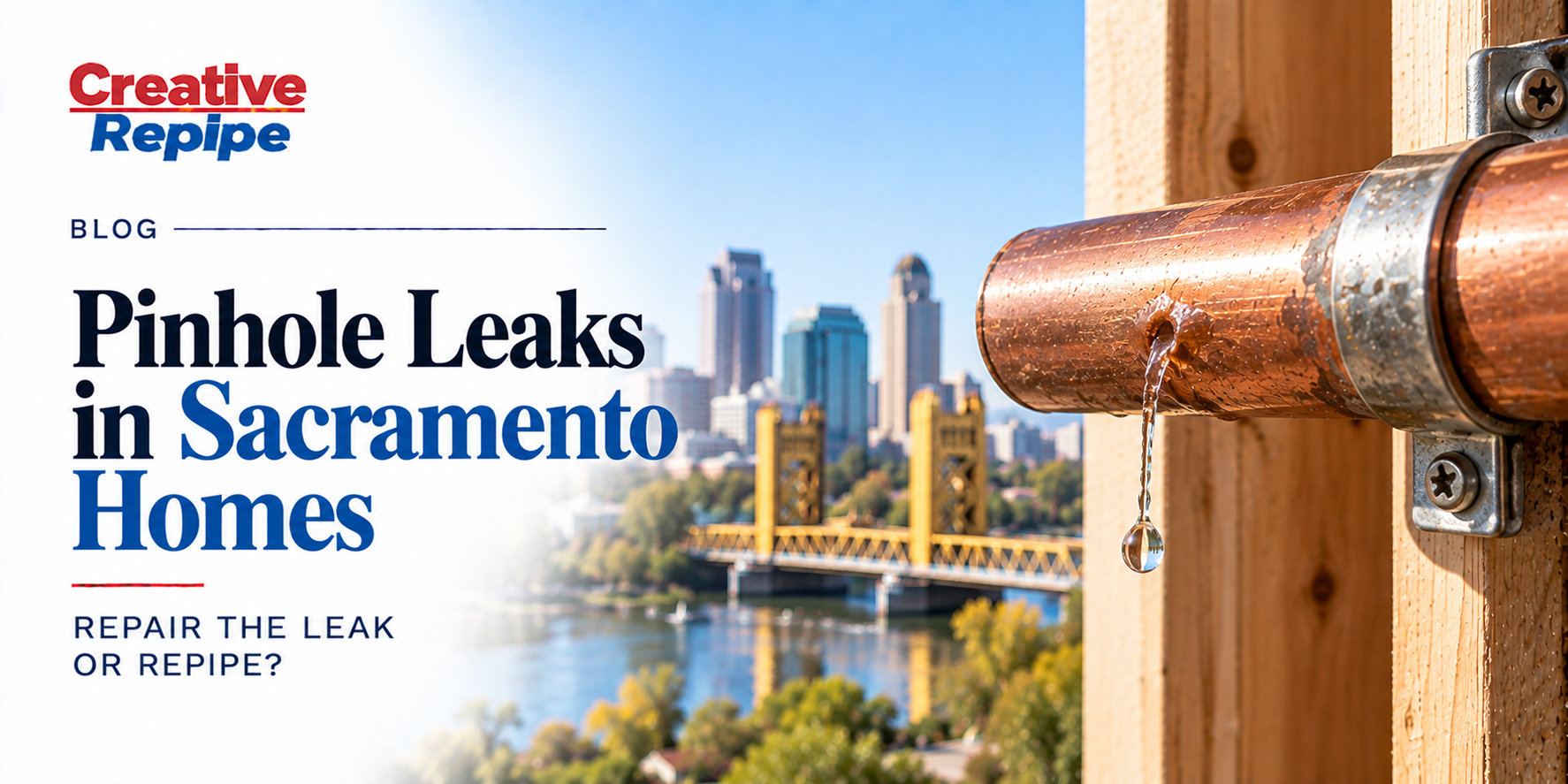 Pinhole leak dripping from a copper pipe in a Sacramento home, illustrating when homeowners may need to consider repiping.