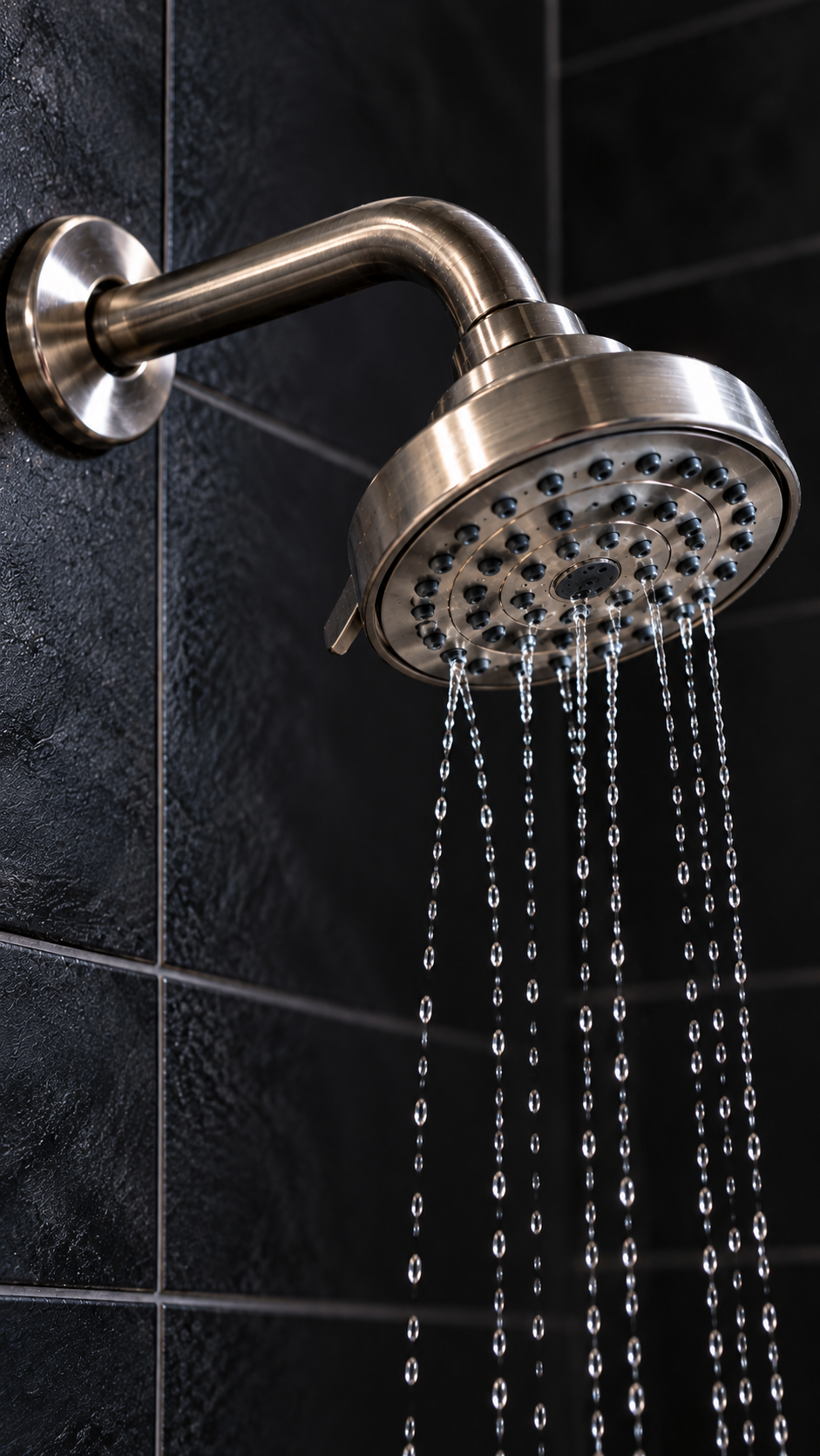 Showerhead with weak water flow, a common sign of low water pressure caused by aging or restricted plumbing pipes.