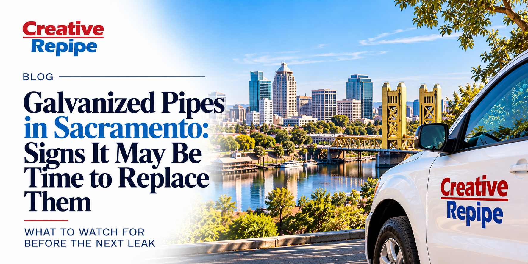 Creative Repipe service vehicle overlooking downtown Sacramento, illustrating signs that aging galvanized pipes may need replacement.