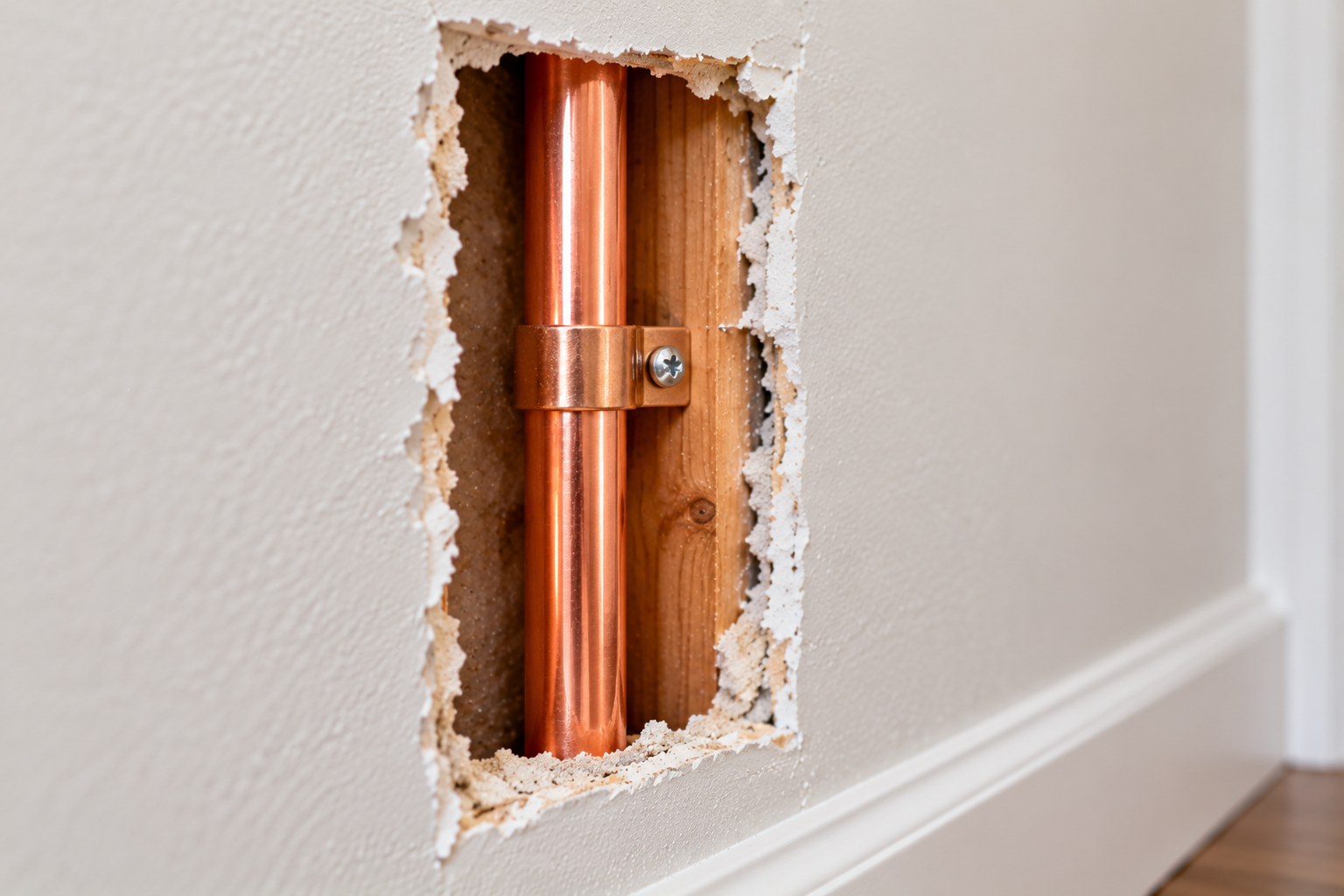 Copper plumbing pipe exposed behind drywall during a whole-home repipe in a San Diego County home.