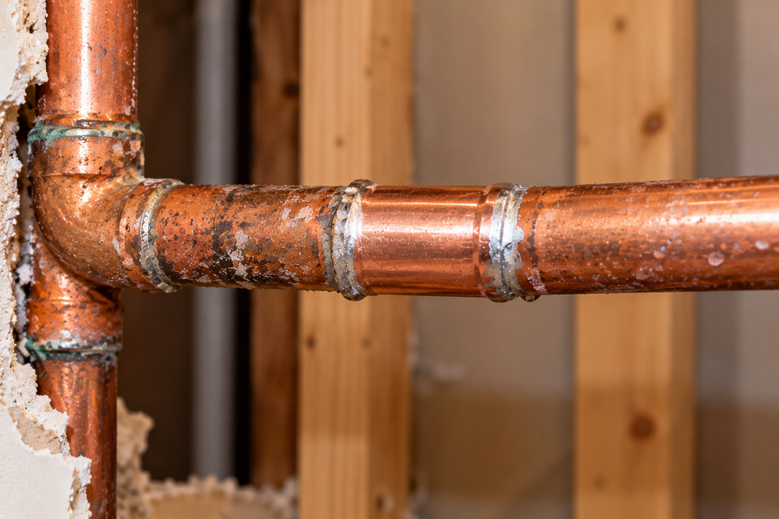 Repaired section of copper plumbing pipe inside a San Diego home after a leak repair.