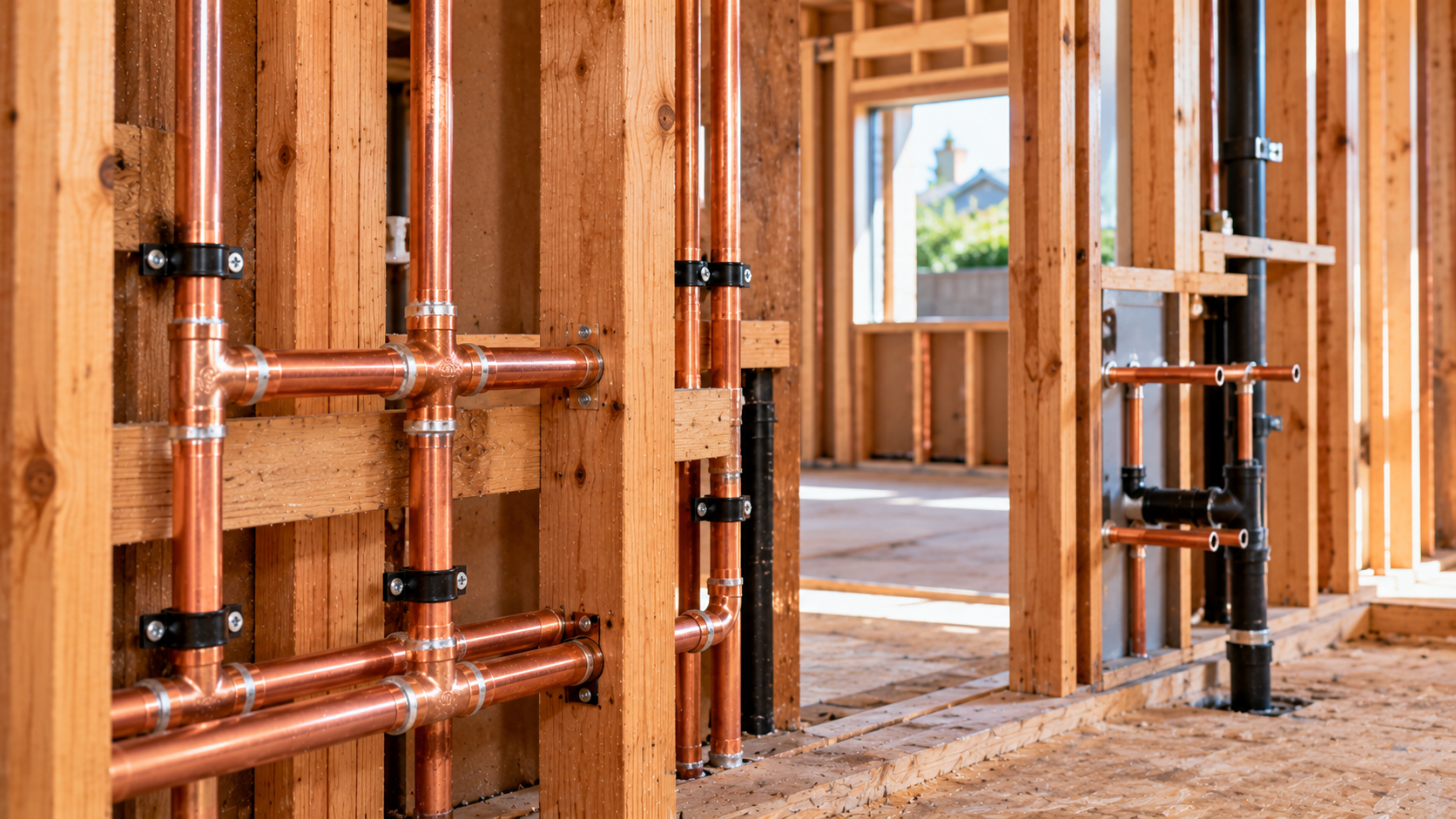 Copper water supply pipes and fittings installed through exposed wood framing during construction of an accessory dwelling unit. Copper Plumbing Installation in New ADU