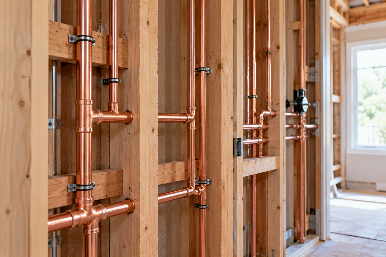 Copper plumbing pipes installed inside open walls during a whole-home repipe in a Bay Area home.