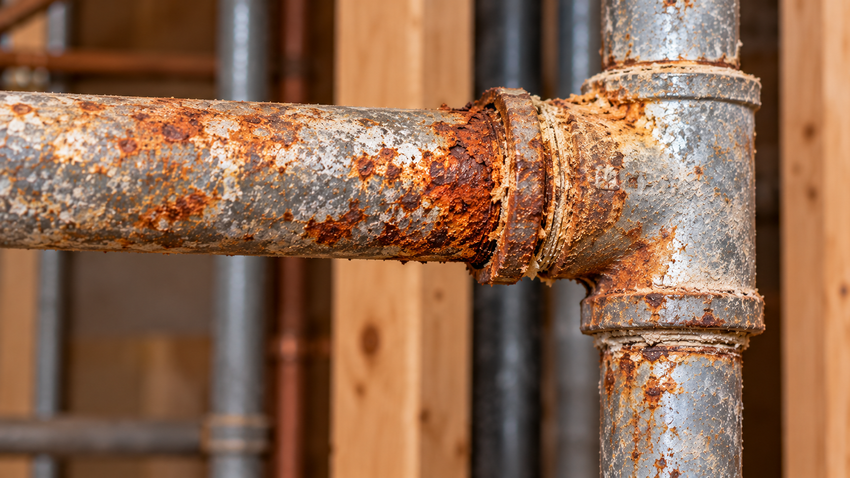 Close-up of an aging galvanized steel pipe joint with heavy rust and corrosion around the threaded connection.