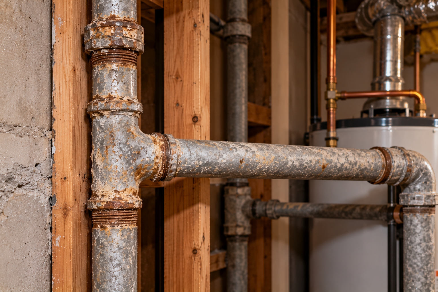 Corroded galvanized steel pipes inside an older Sacramento home, showing aging plumbing that may need replacement.